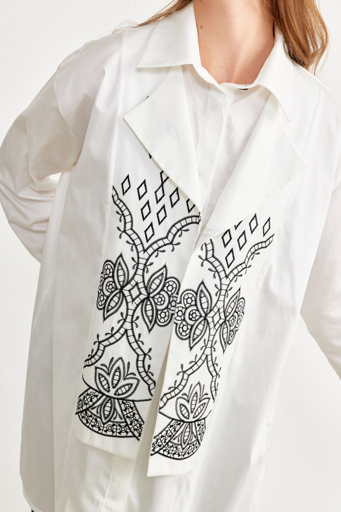 Embroidered Lapel-Panel Longline Shirt — White/Black