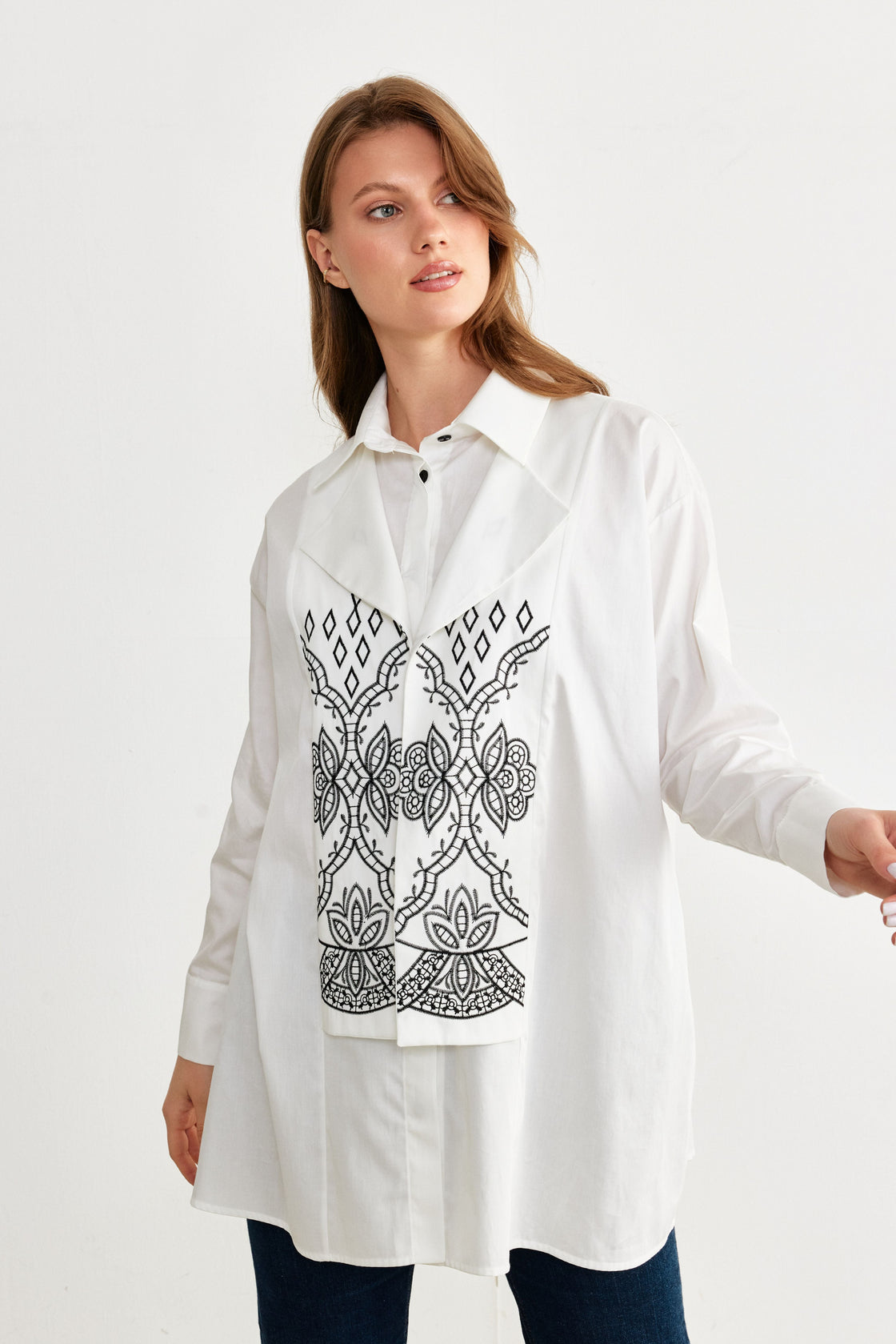 Embroidered Lapel-Panel Longline Shirt — White/Black