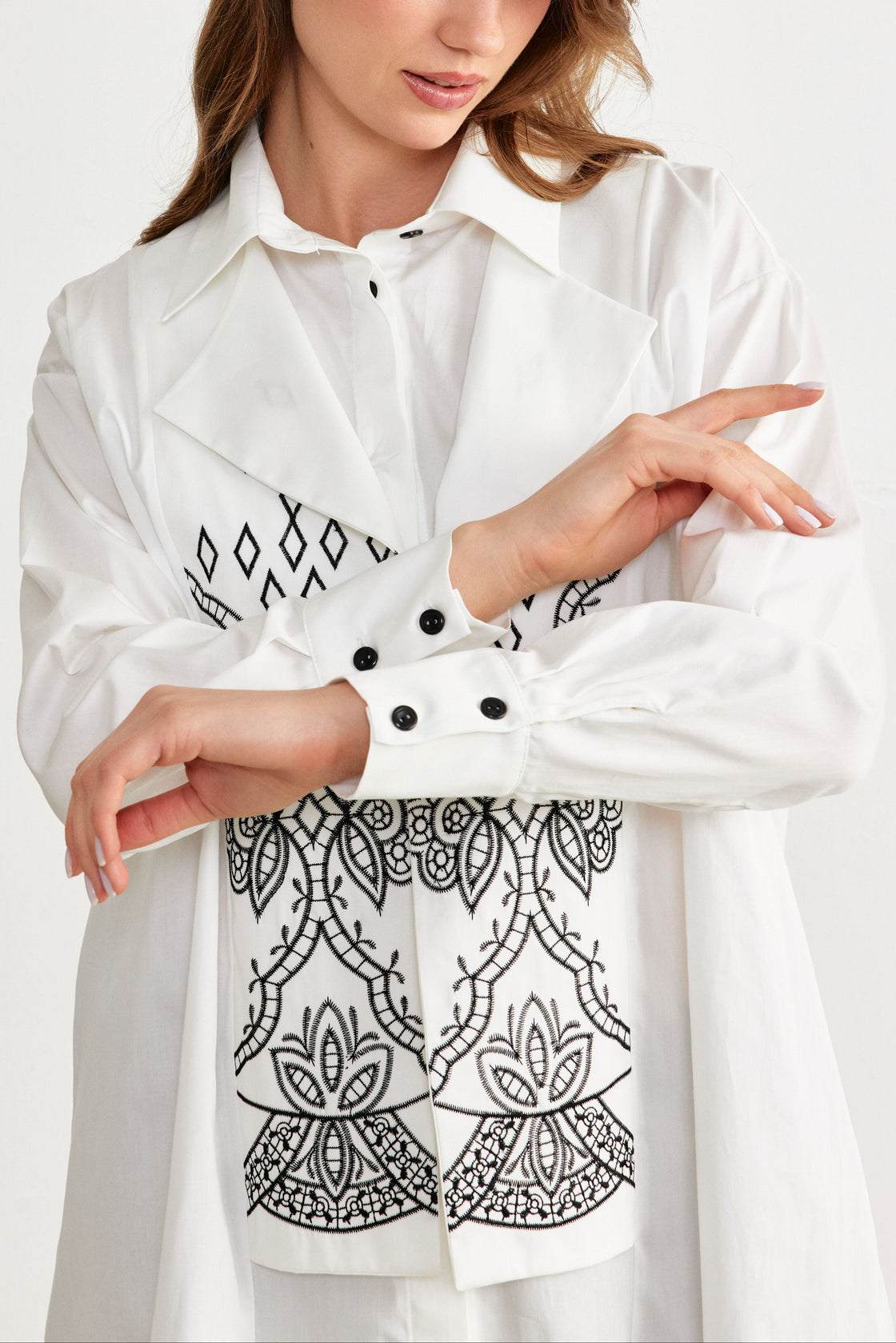 Embroidered Lapel-Panel Longline Shirt — White/Black