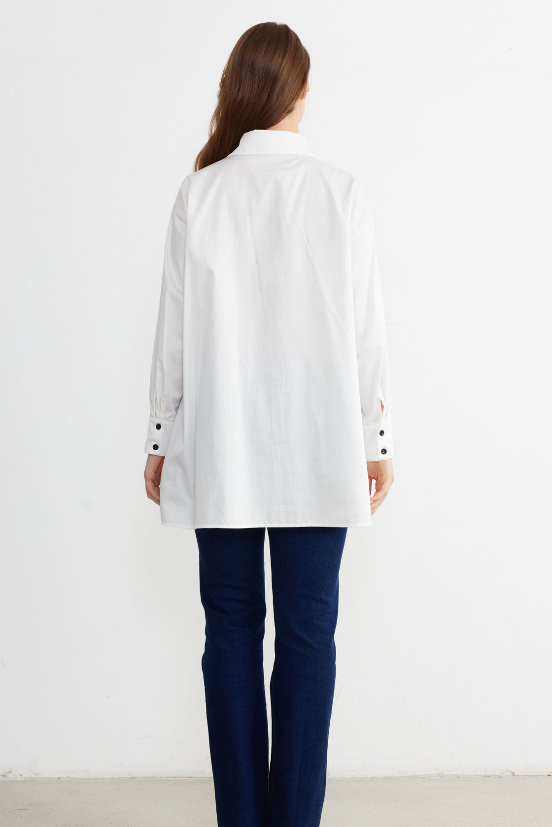 Embroidered Lapel-Panel Longline Shirt — White/Black