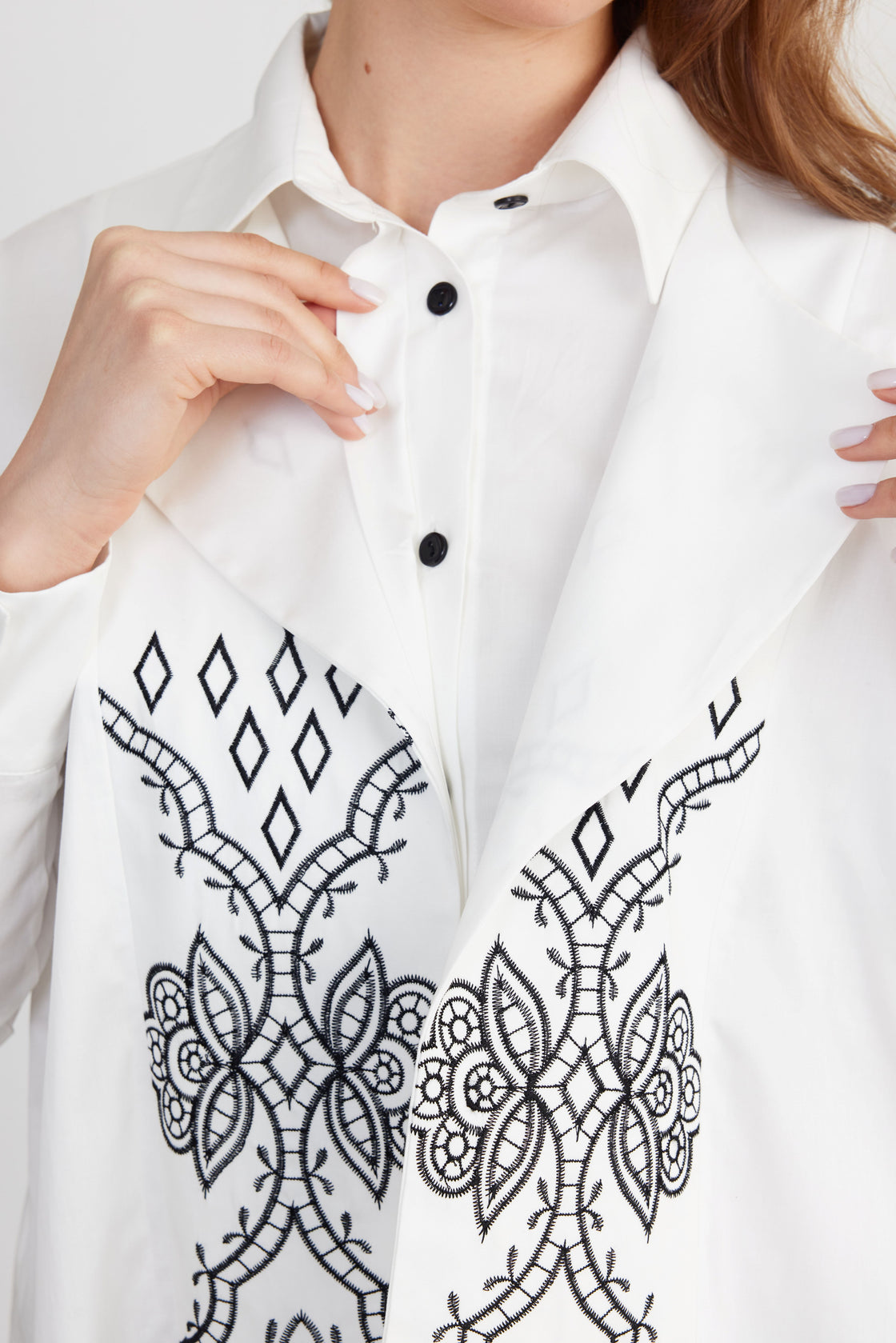 Embroidered Lapel-Panel Longline Shirt — White/Black