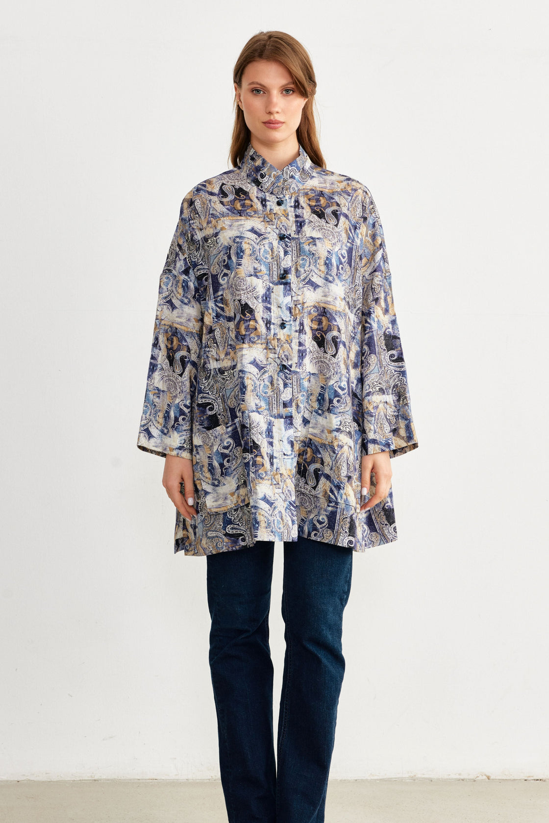 Paisley Print Oversized Shirt Jacket — Navy/Gold