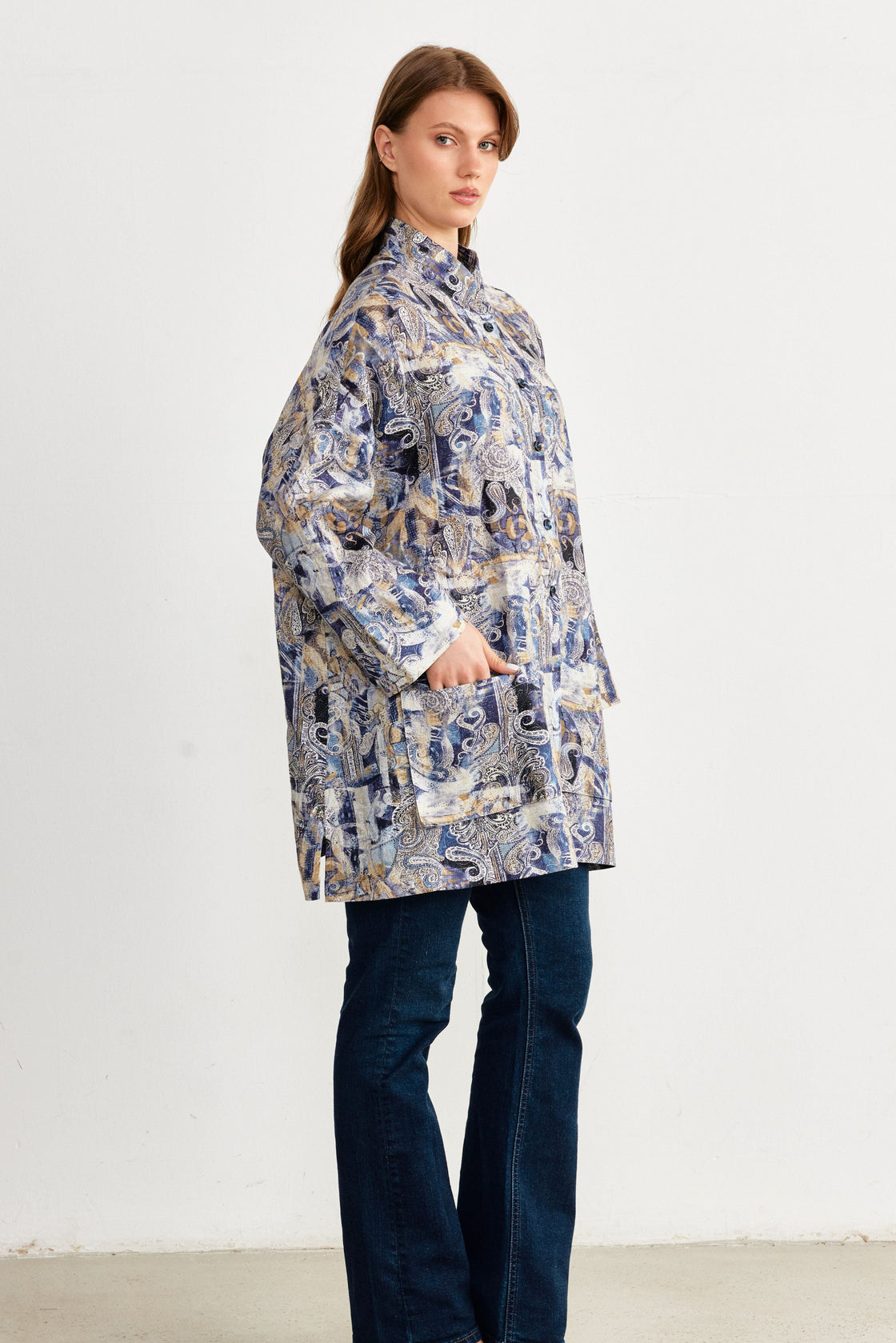 Paisley Print Oversized Shirt Jacket — Navy/Gold