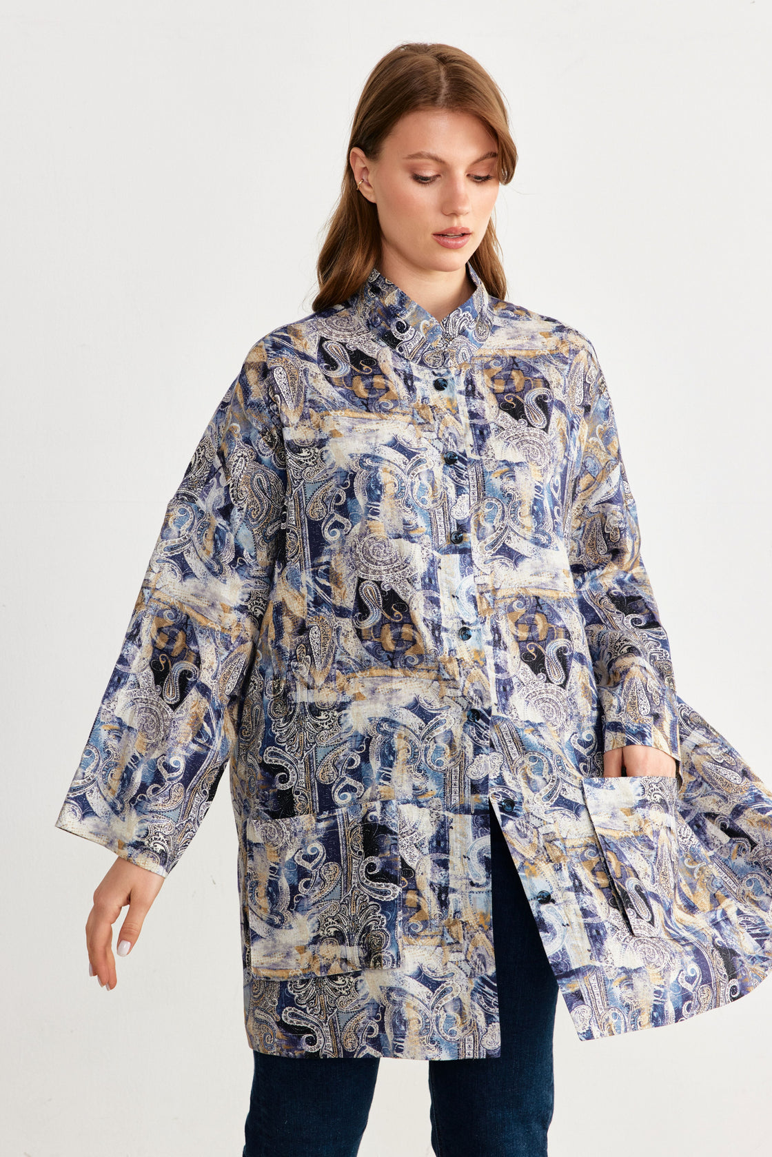 Paisley Print Oversized Shirt Jacket — Navy/Gold