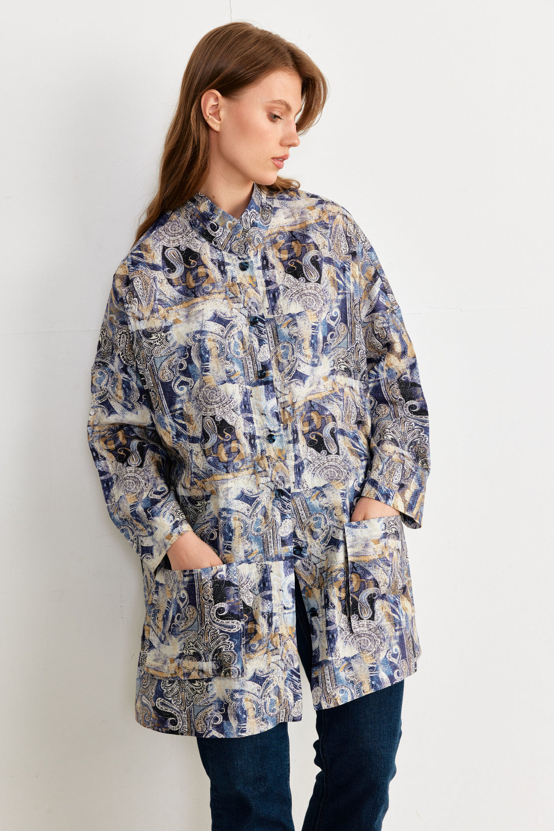 Paisley Print Oversized Shirt Jacket — Navy/Gold