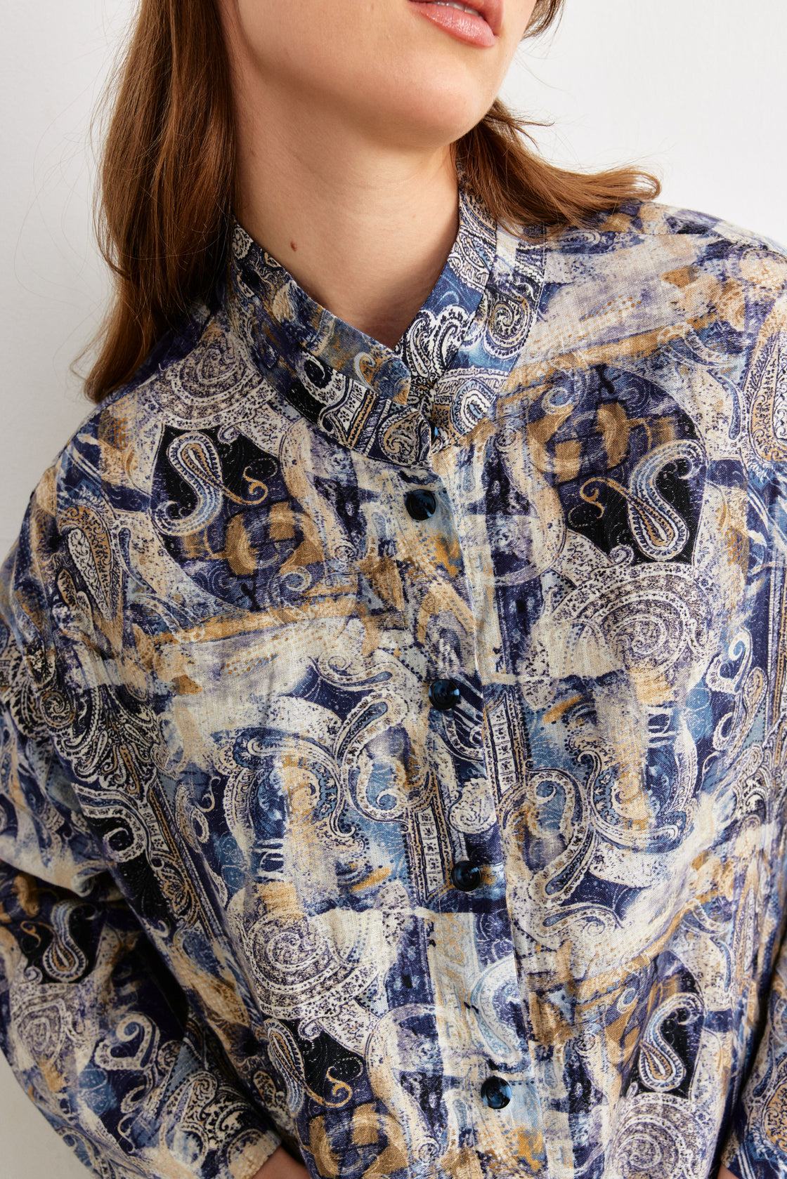 Paisley Print Oversized Shirt Jacket — Navy/Gold