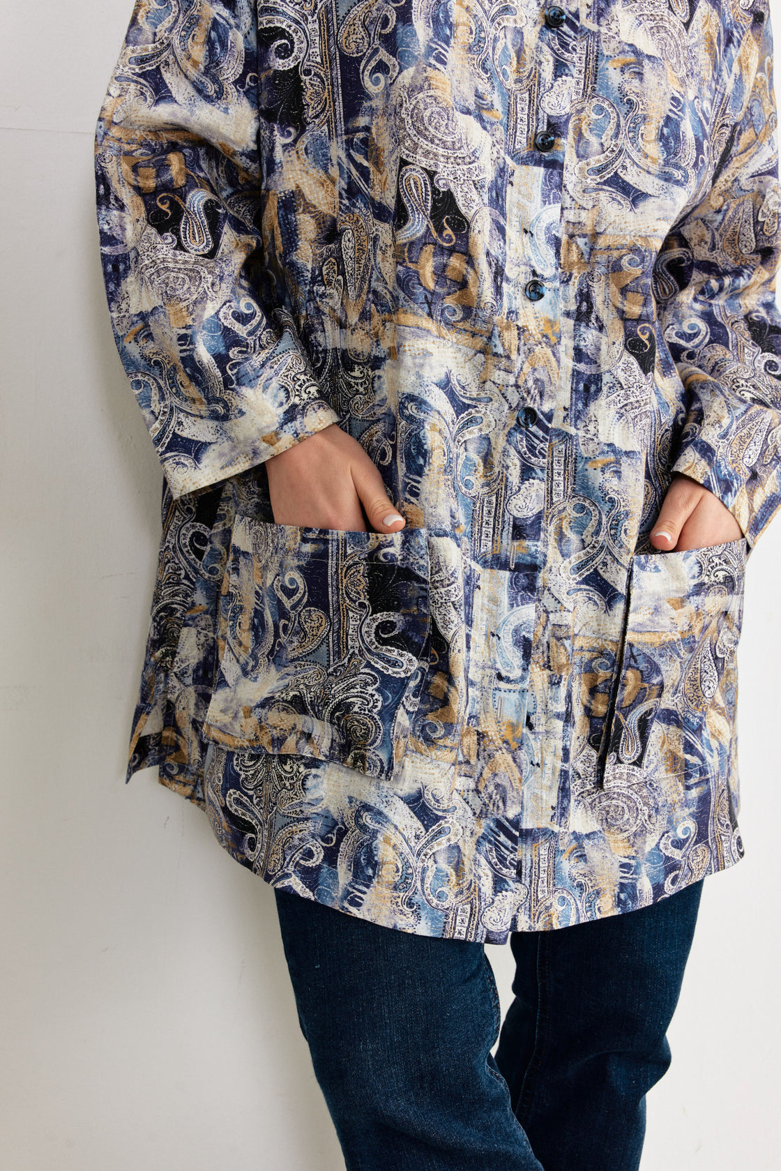 Paisley Print Oversized Shirt Jacket — Navy/Gold