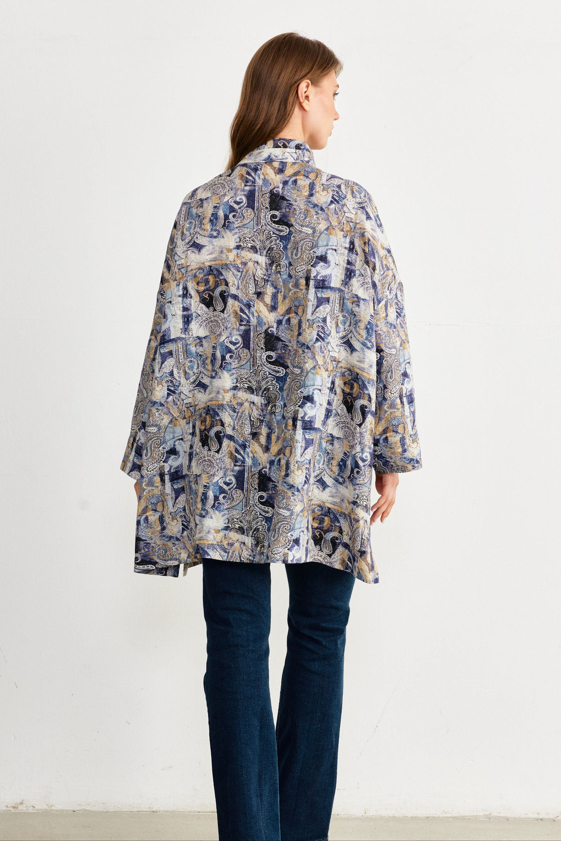 Paisley Print Oversized Shirt Jacket — Navy/Gold