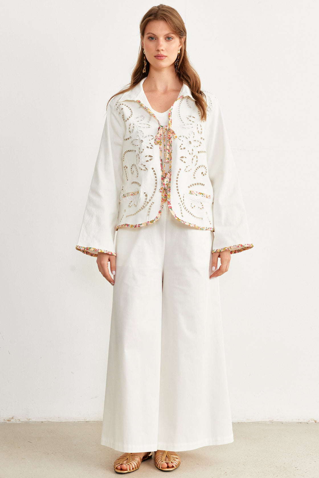 Floral Cutwork Tie-Front Jacket — Ivory/Multi