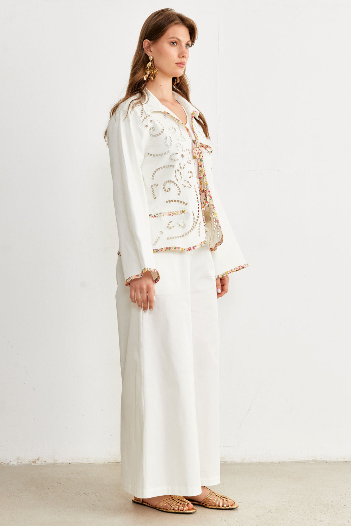 Floral Cutwork Tie-Front Jacket — Ivory/Multi
