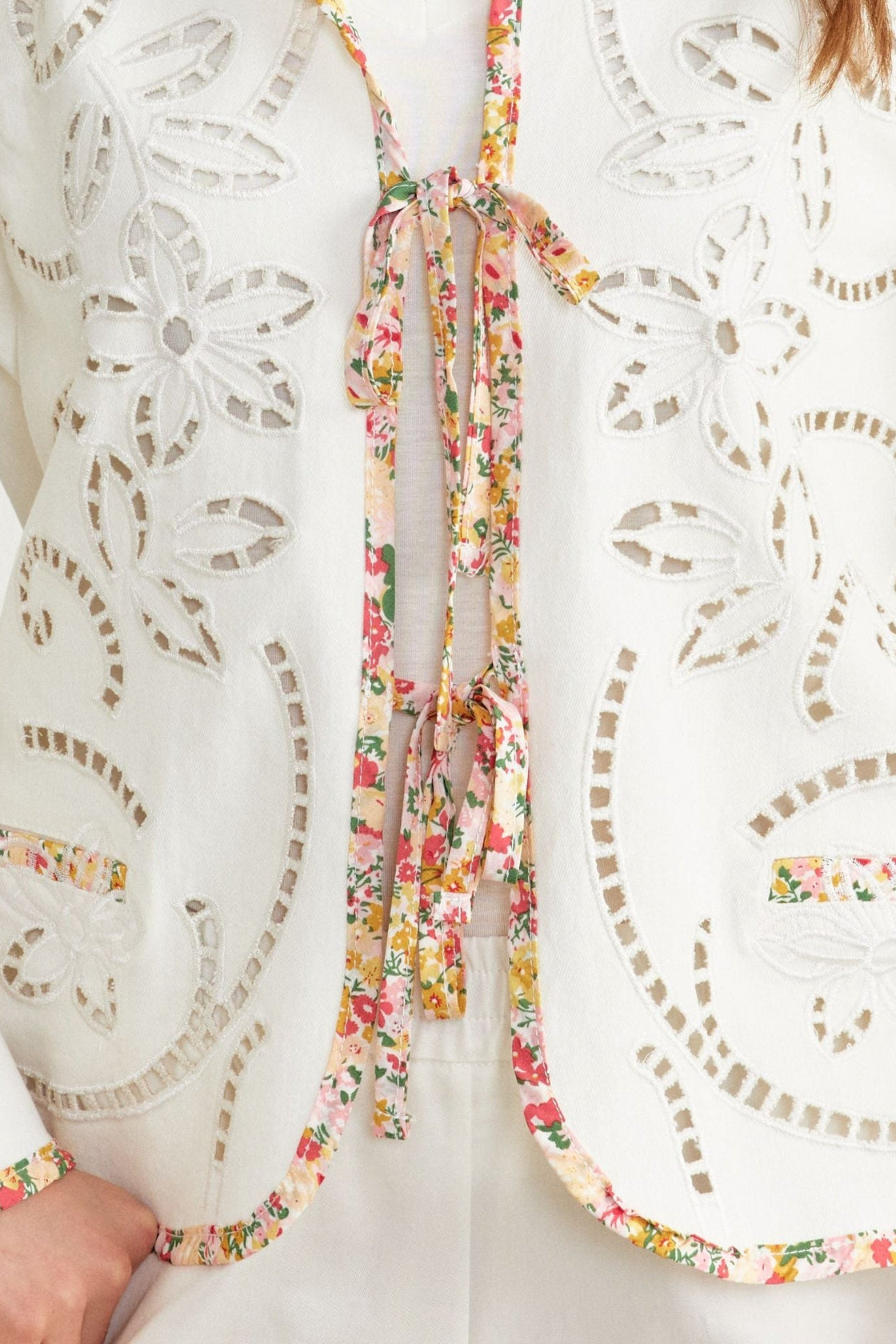 Floral Cutwork Tie-Front Jacket — Ivory/Multi