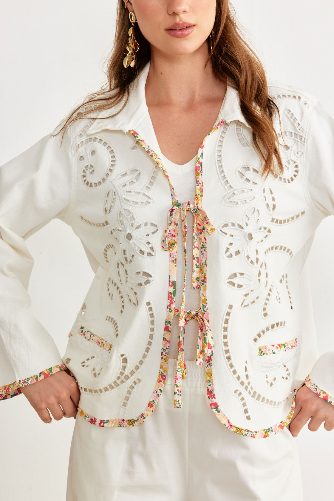 Floral Cutwork Tie-Front Jacket — Ivory/Multi