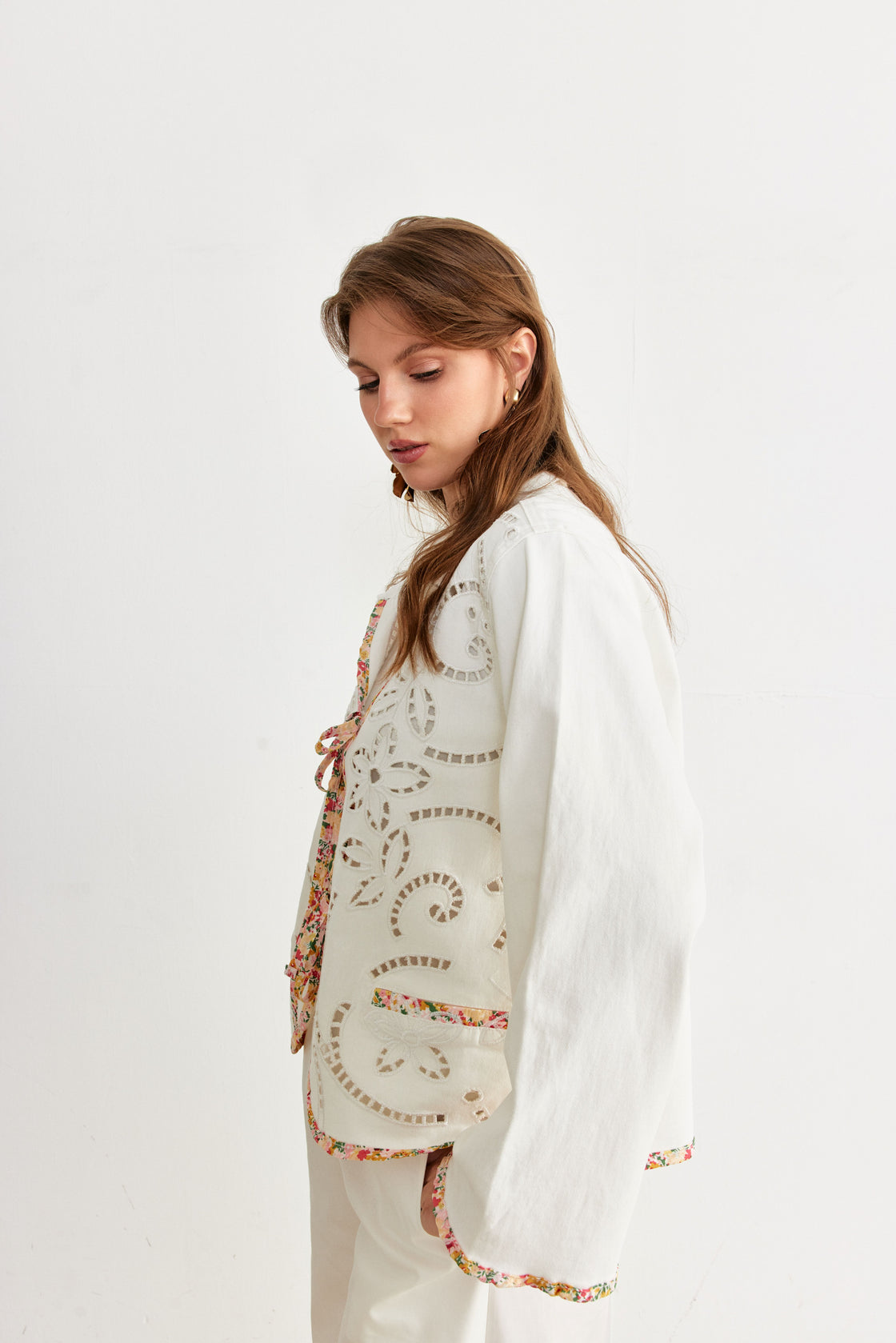 Floral Cutwork Tie-Front Jacket — Ivory/Multi