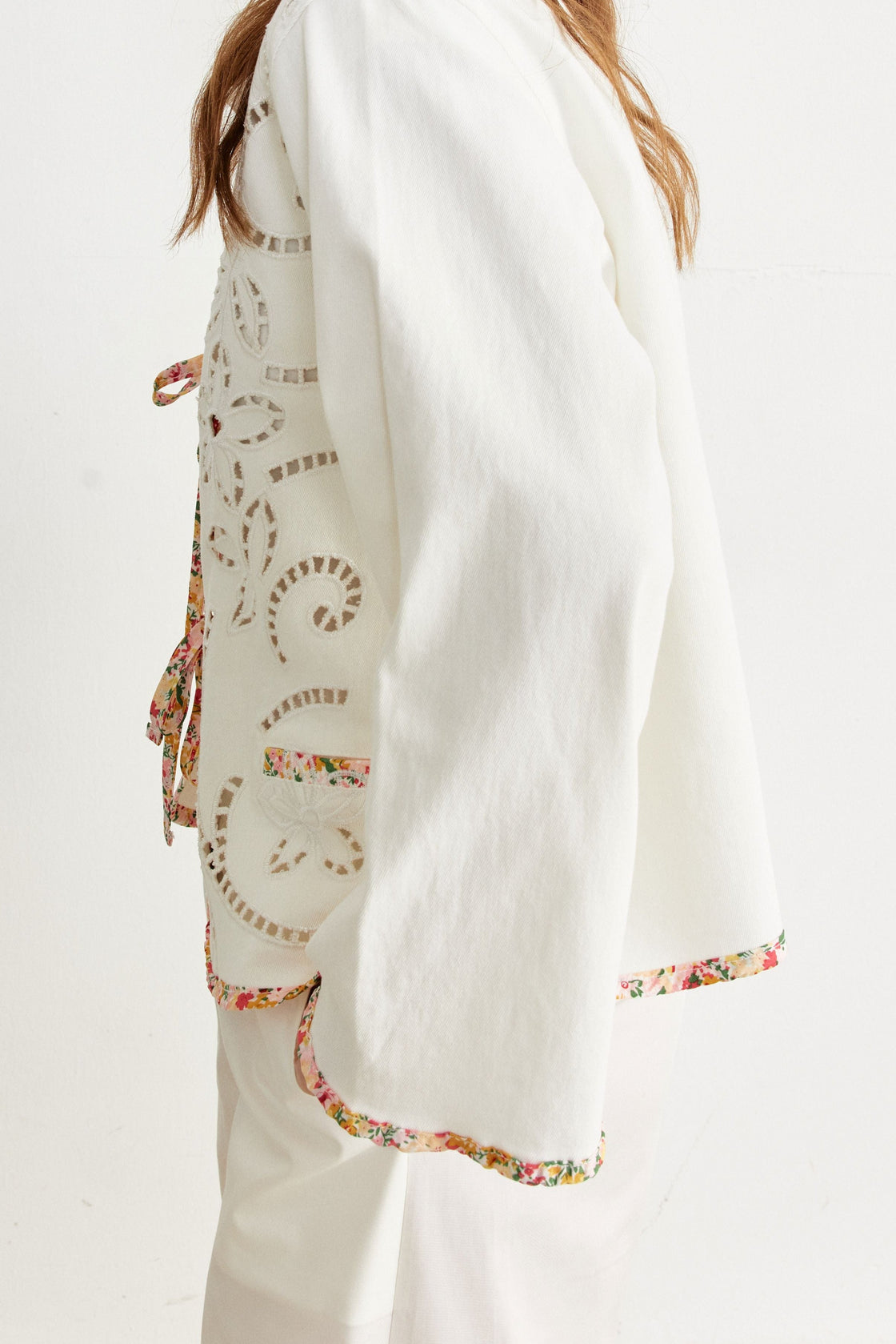 Floral Cutwork Tie-Front Jacket — Ivory/Multi