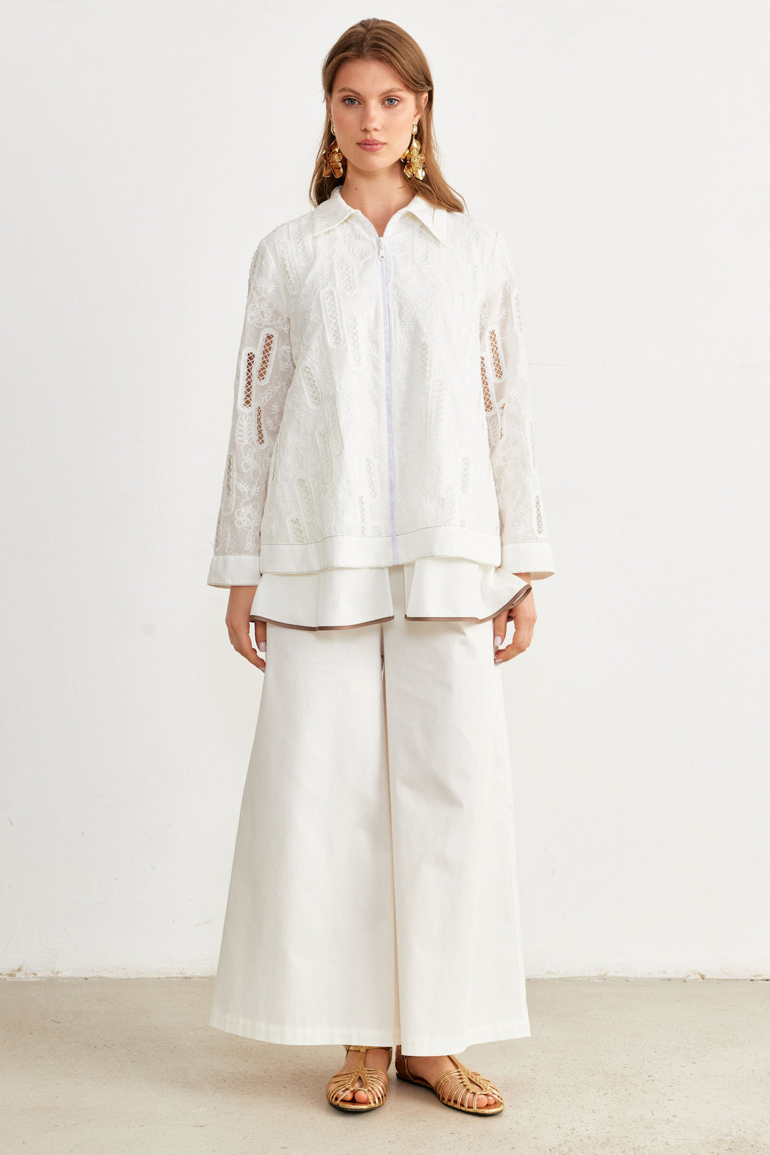 Embroidered Peplum Zip Shirt — White