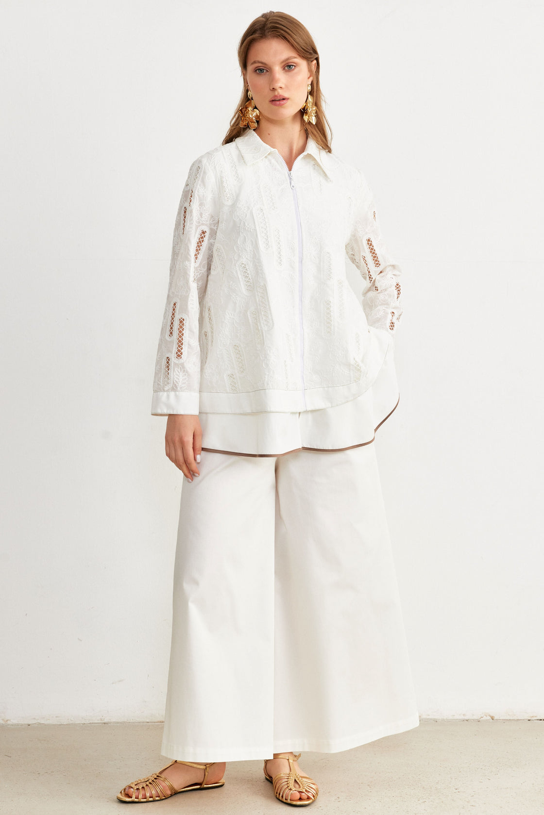 Embroidered Peplum Zip Shirt — White