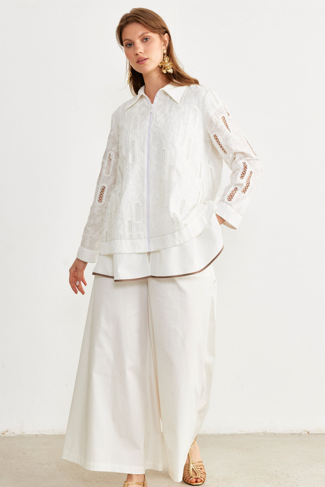 Embroidered Peplum Zip Shirt — White