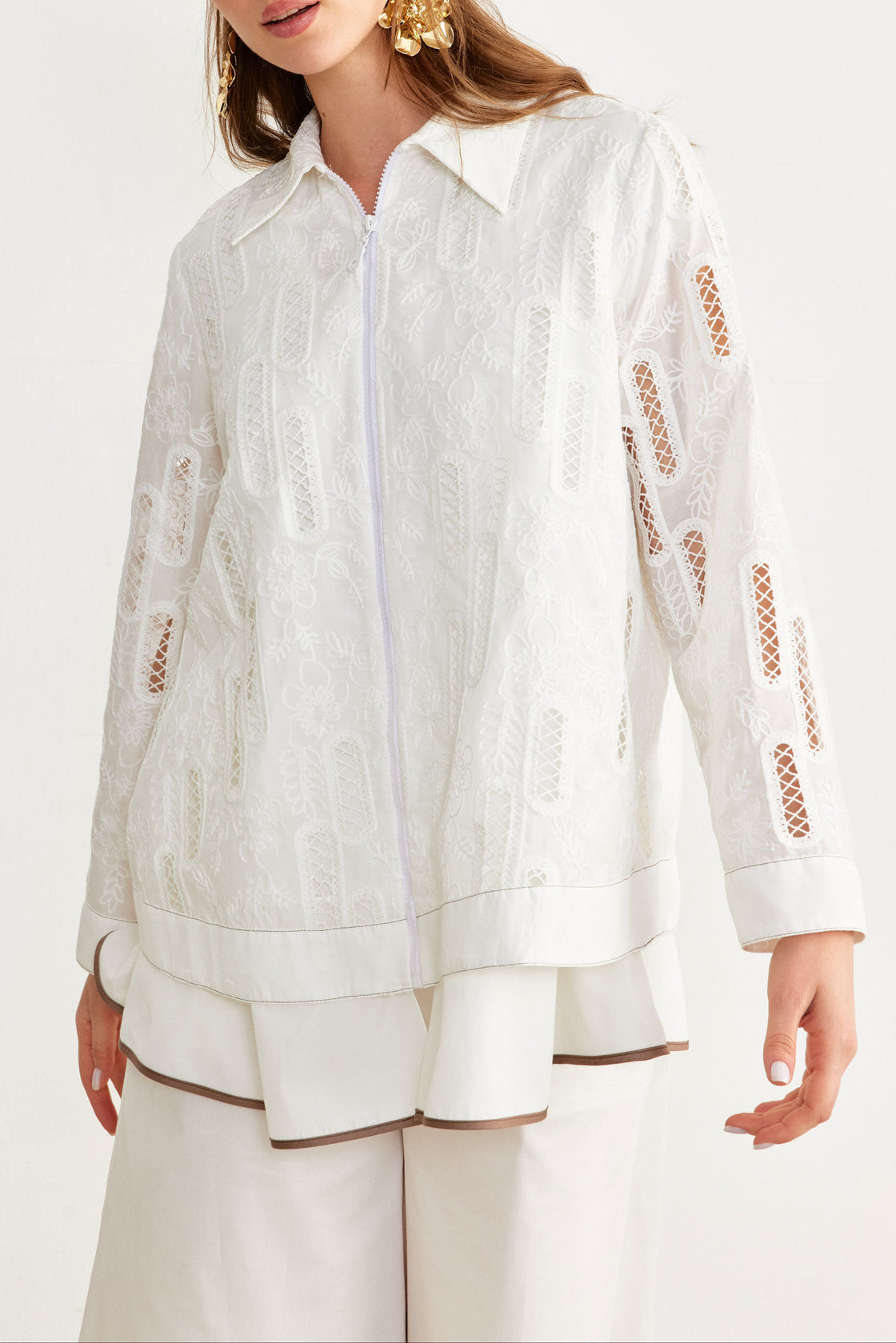 Embroidered Peplum Zip Shirt — White