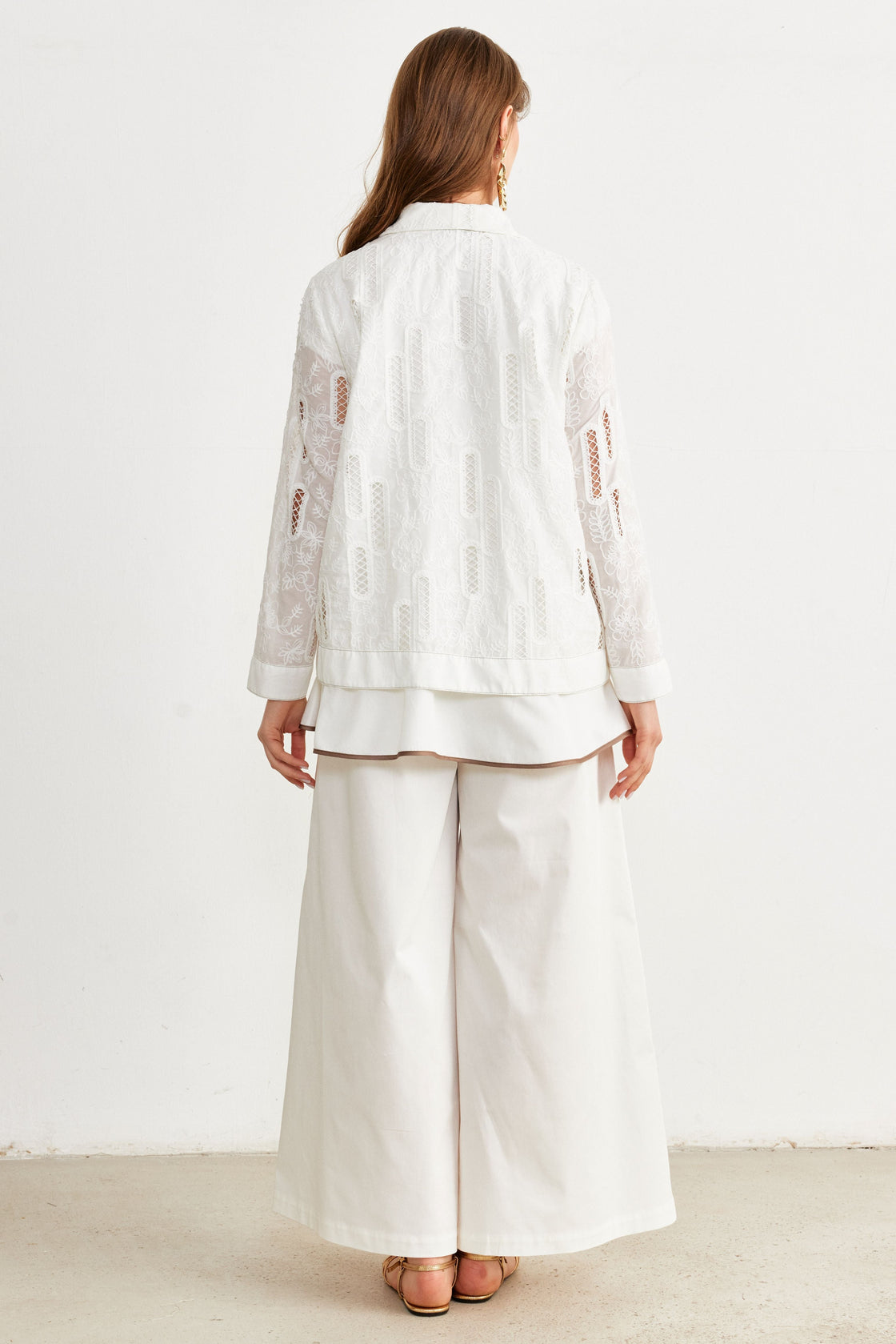 Embroidered Peplum Zip Shirt — White