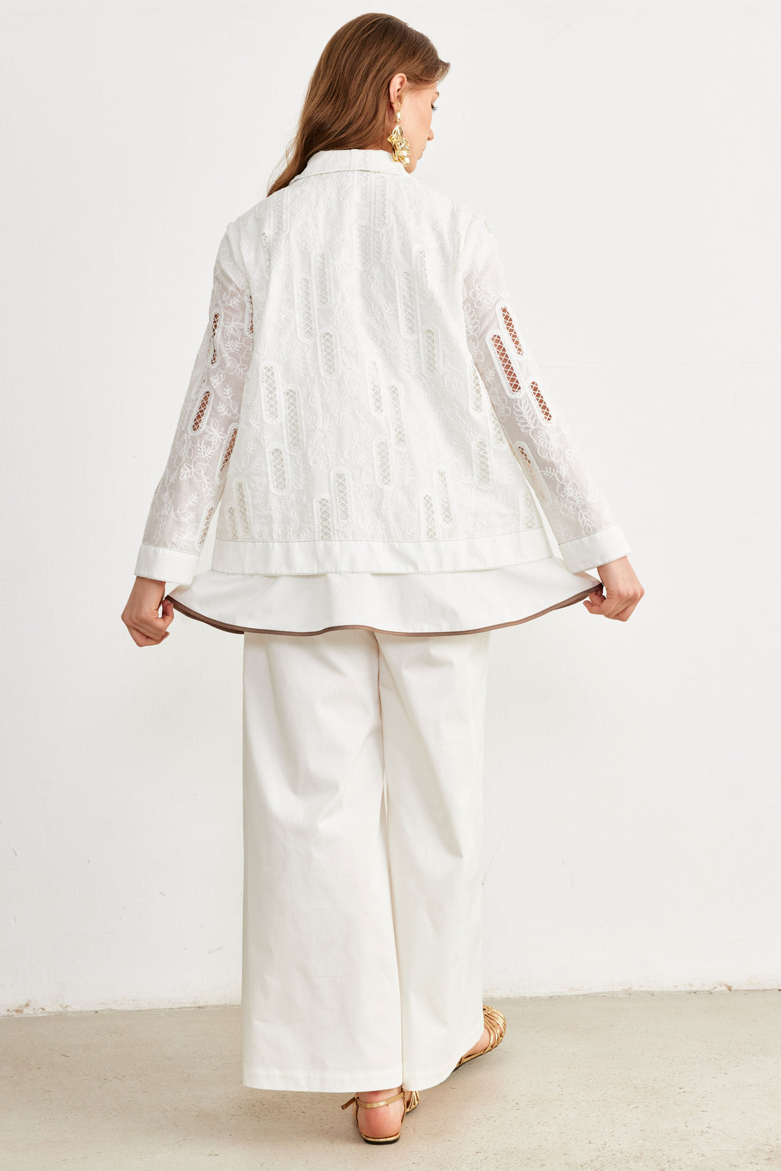 Embroidered Peplum Zip Shirt — White