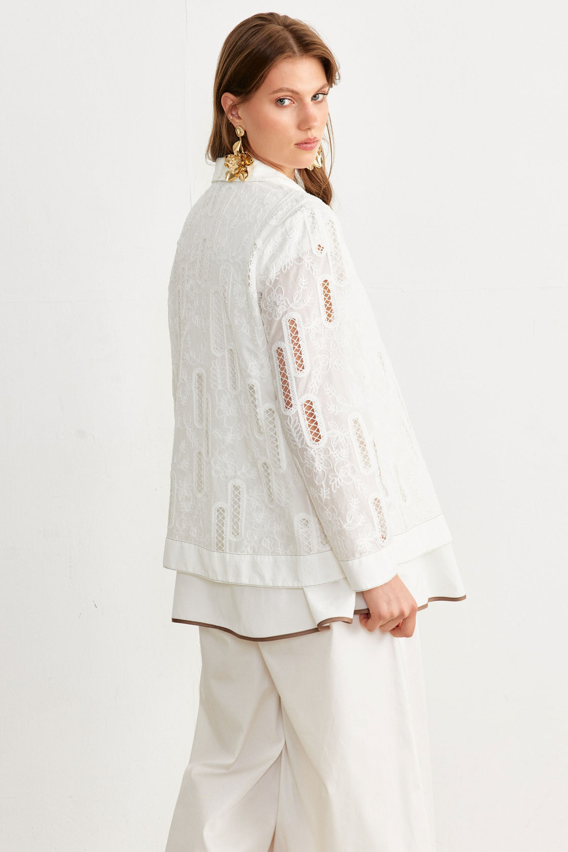 Embroidered Peplum Zip Shirt — White