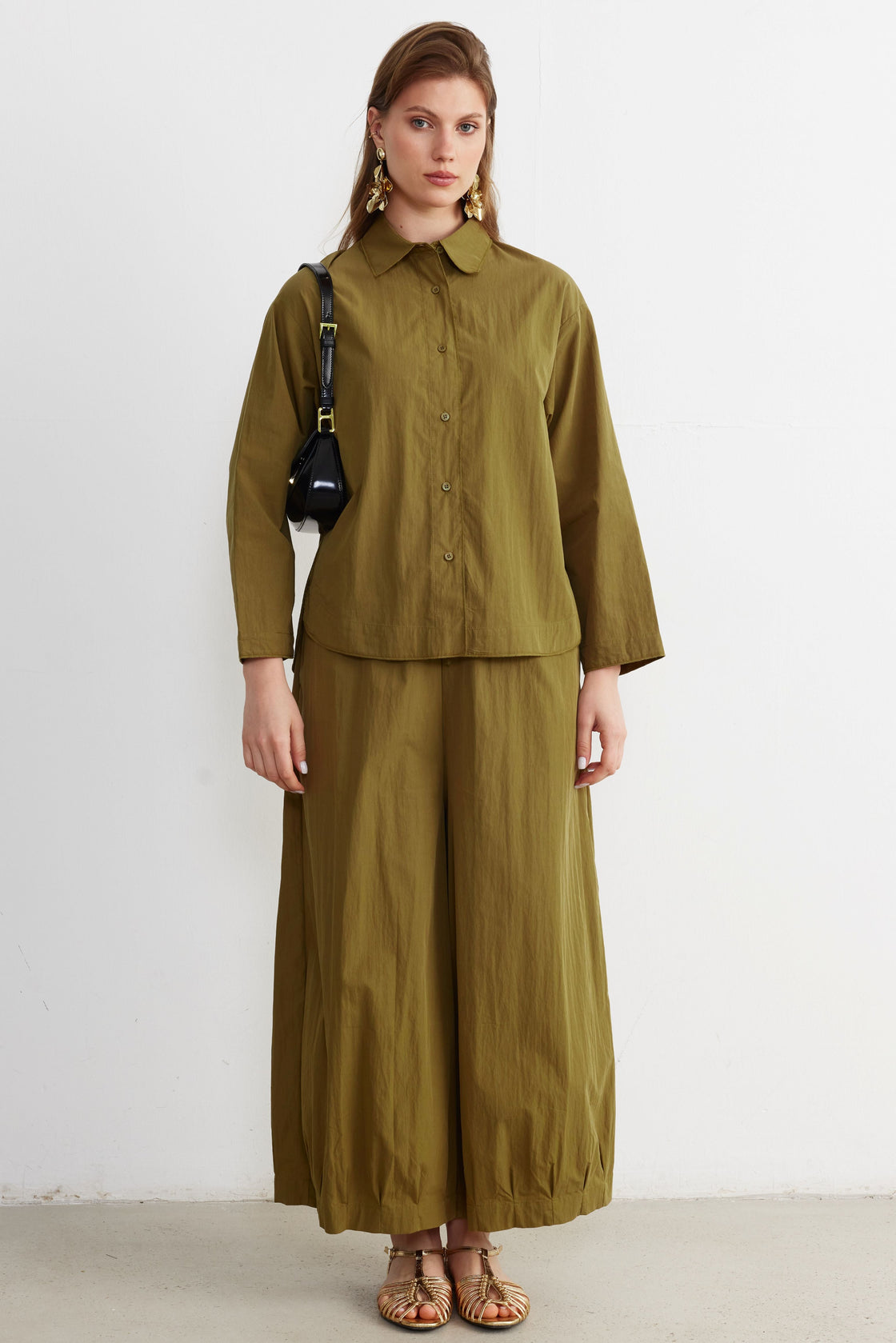 Crinkle Shirt & Wide-Leg Trouser Set — Olive