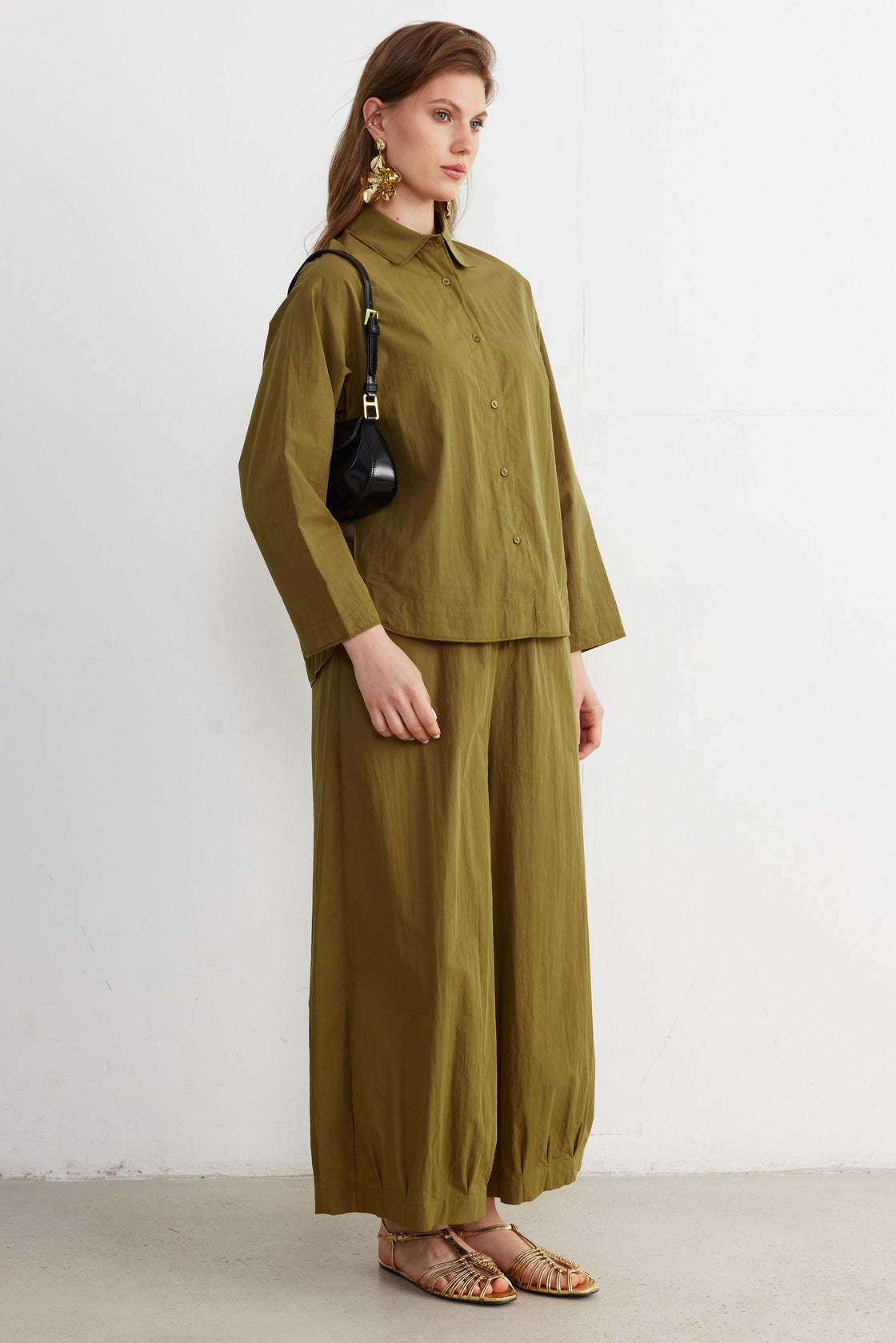 Crinkle Shirt & Wide-Leg Trouser Set — Olive