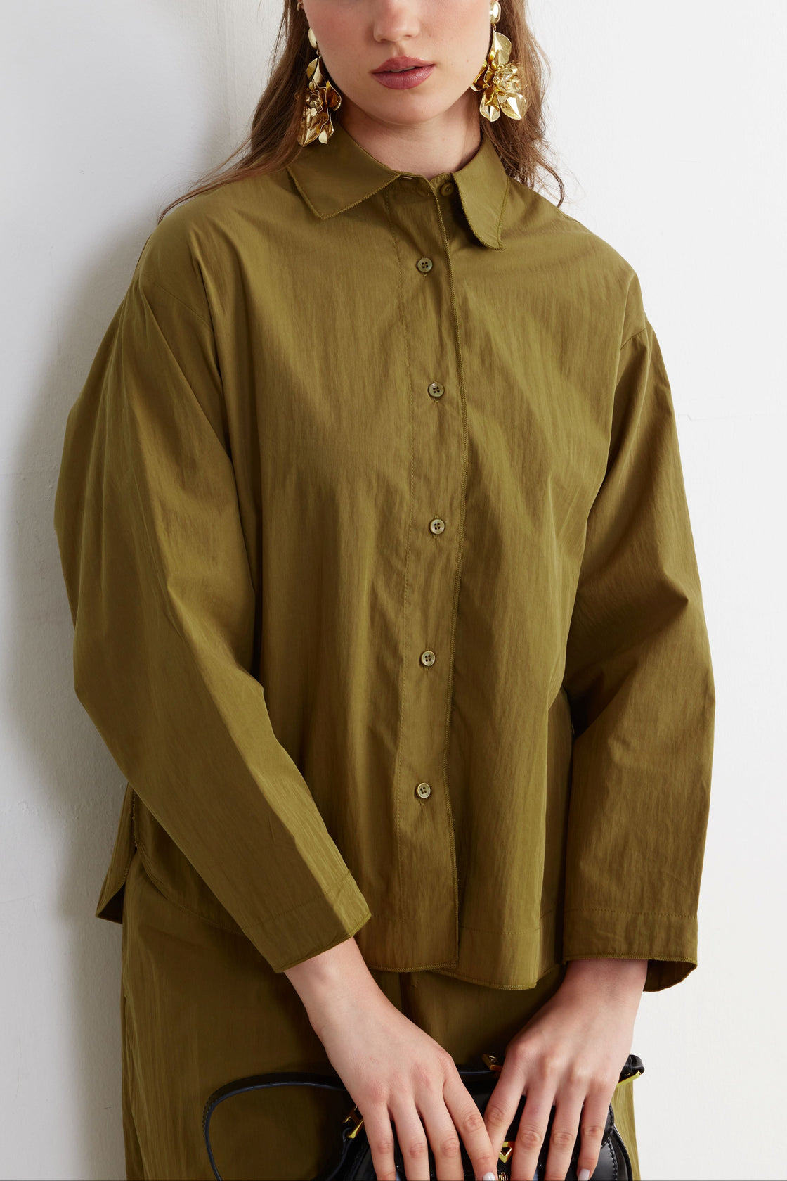 Crinkle Shirt & Wide-Leg Trouser Set — Olive