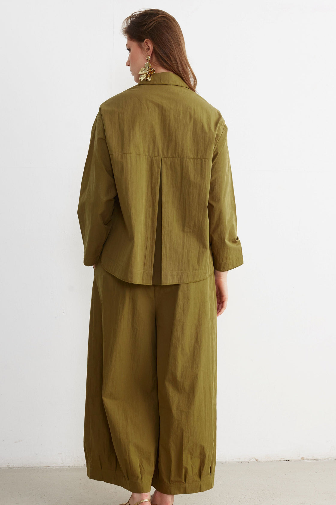 Crinkle Shirt & Wide-Leg Trouser Set — Olive