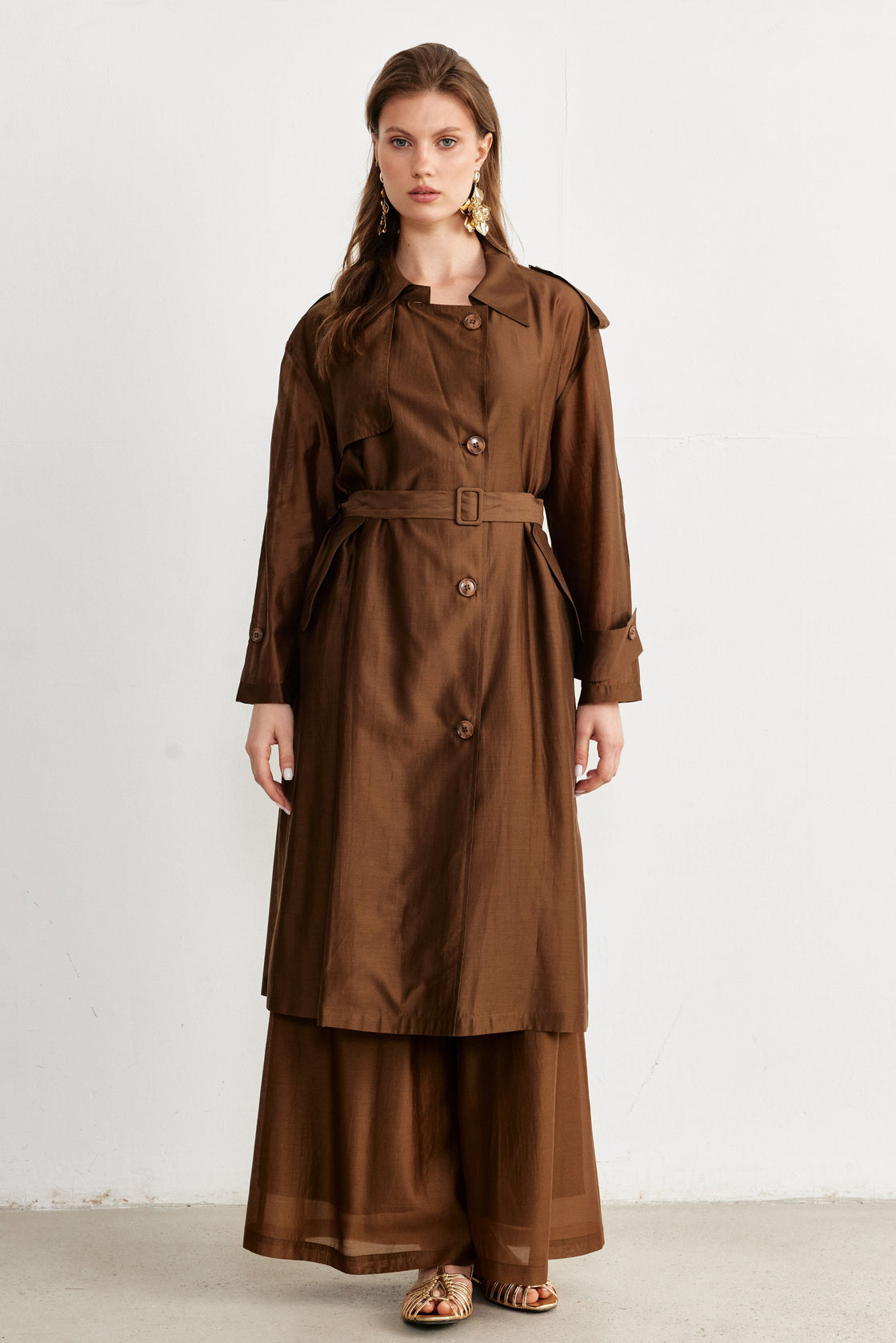 Belted Lightweight Trench Coat & Wide-Leg Pants Set — Chocolate Brown