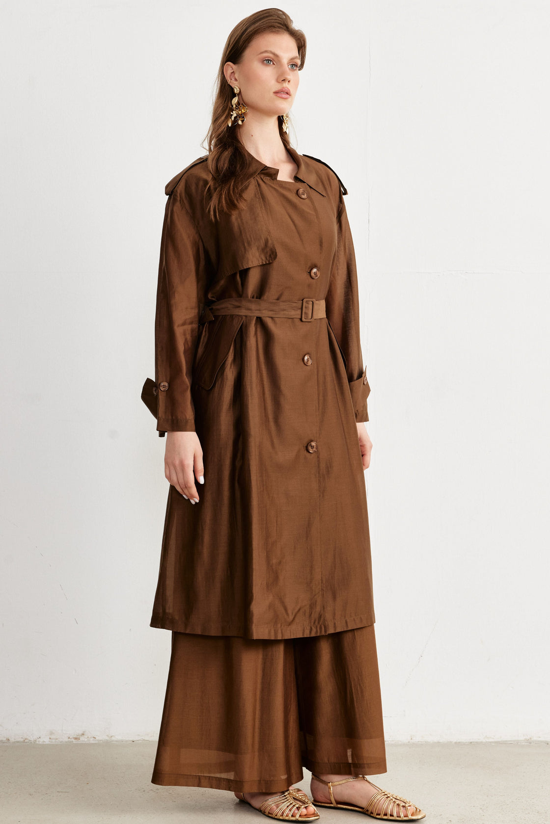 Belted Lightweight Trench Coat & Wide-Leg Pants Set — Chocolate Brown
