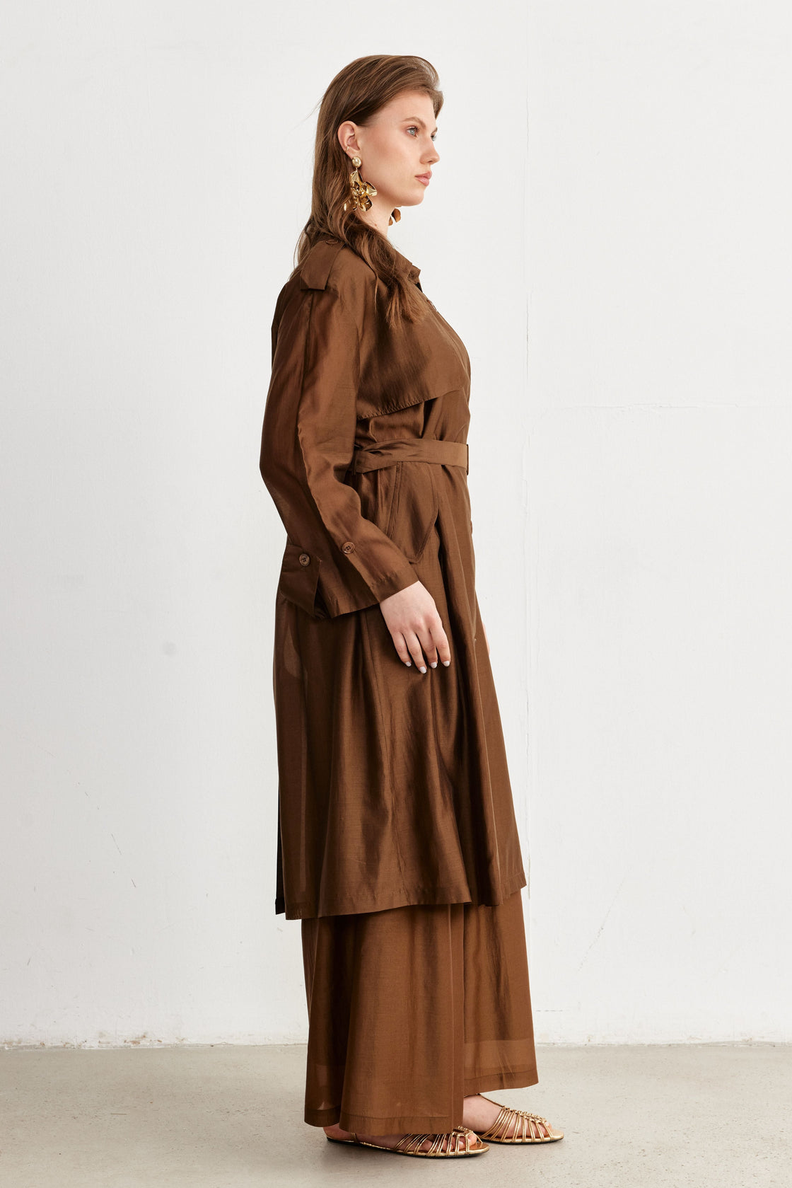 Belted Lightweight Trench Coat & Wide-Leg Pants Set — Chocolate Brown