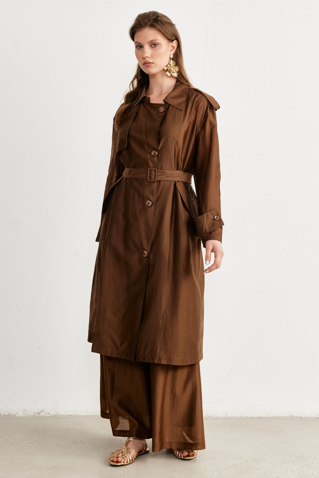 Belted Lightweight Trench Coat & Wide-Leg Pants Set — Chocolate Brown