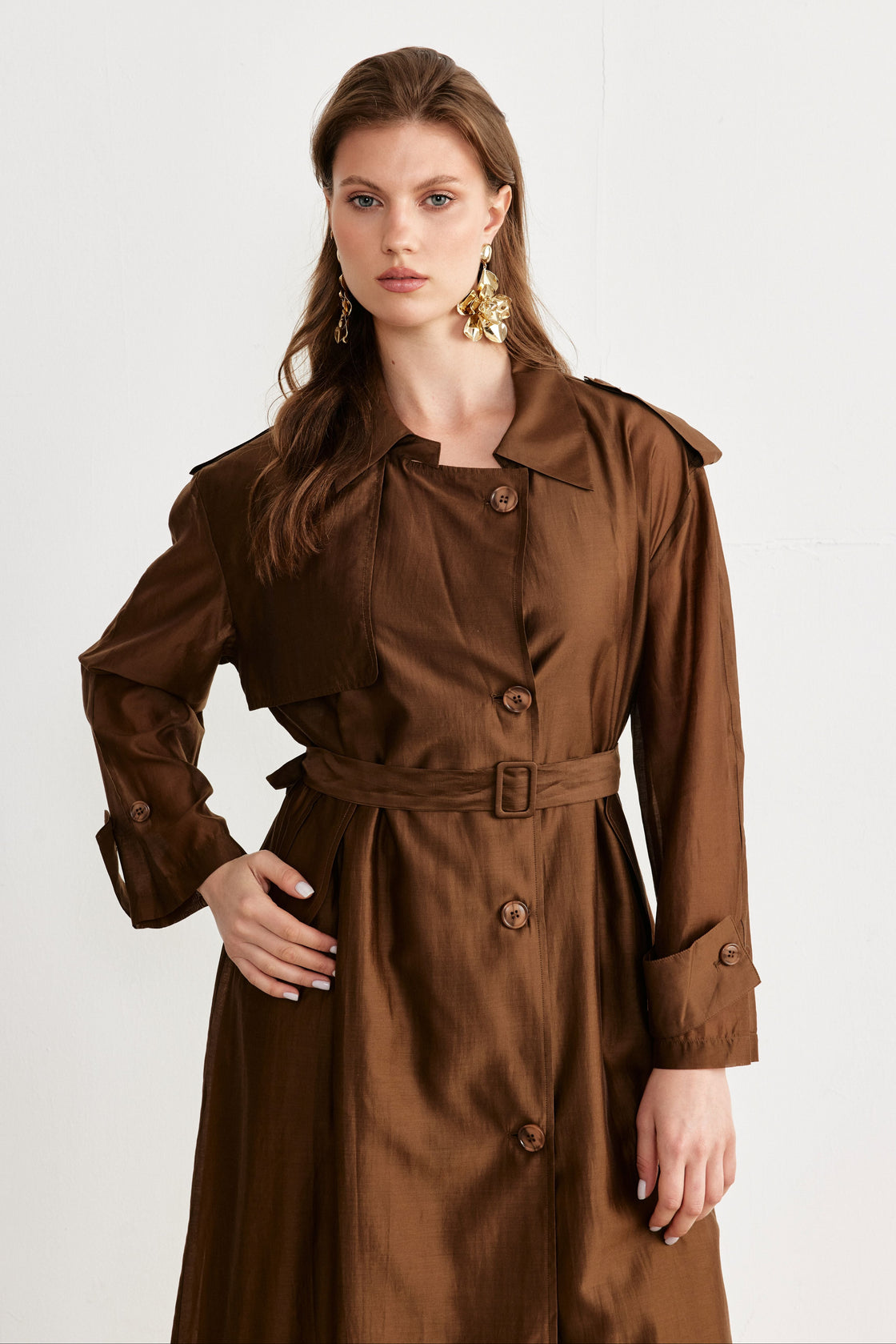 Belted Lightweight Trench Coat & Wide-Leg Pants Set — Chocolate Brown