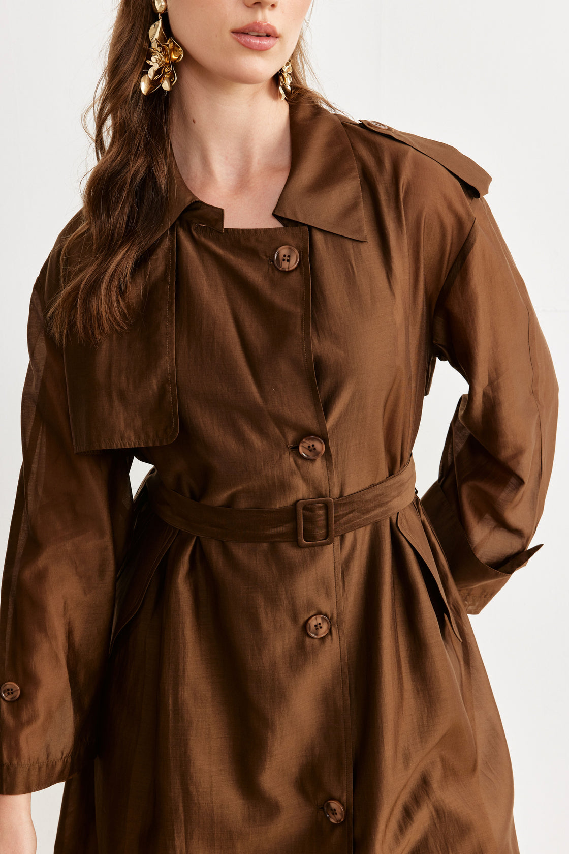 Belted Lightweight Trench Coat & Wide-Leg Pants Set — Chocolate Brown