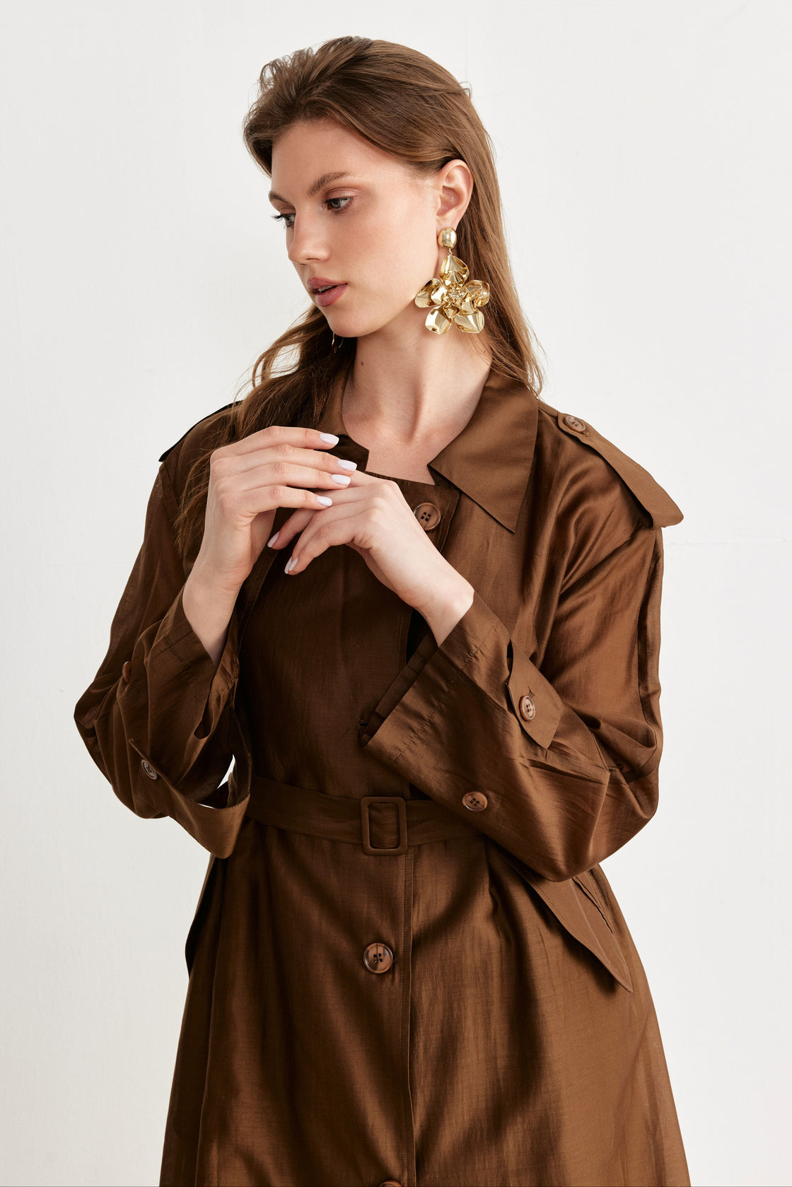 Belted Lightweight Trench Coat & Wide-Leg Pants Set — Chocolate Brown
