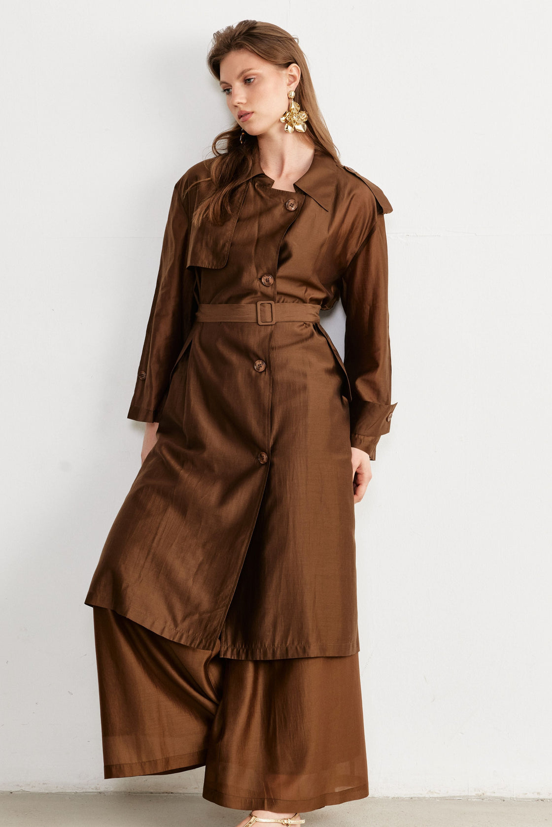 Belted Lightweight Trench Coat & Wide-Leg Pants Set — Chocolate Brown