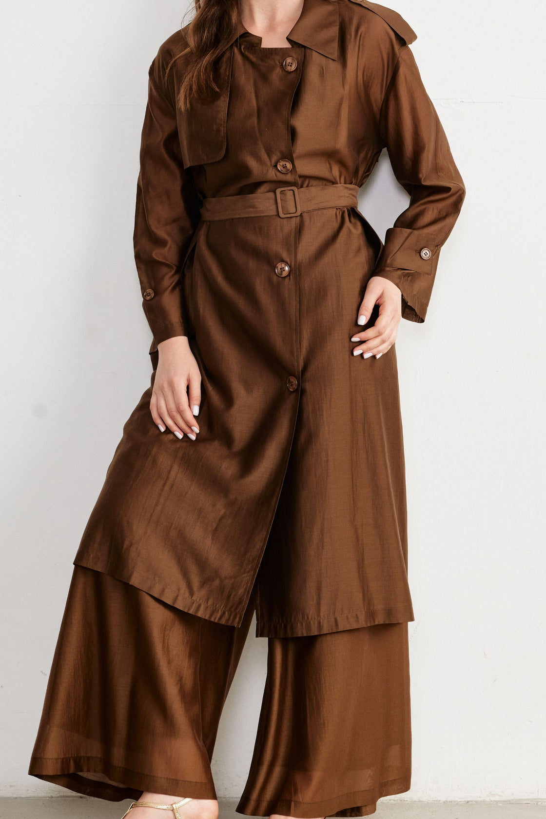 Belted Lightweight Trench Coat & Wide-Leg Pants Set — Chocolate Brown