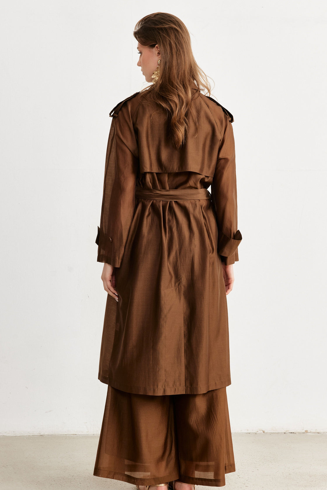 Belted Lightweight Trench Coat & Wide-Leg Pants Set — Chocolate Brown