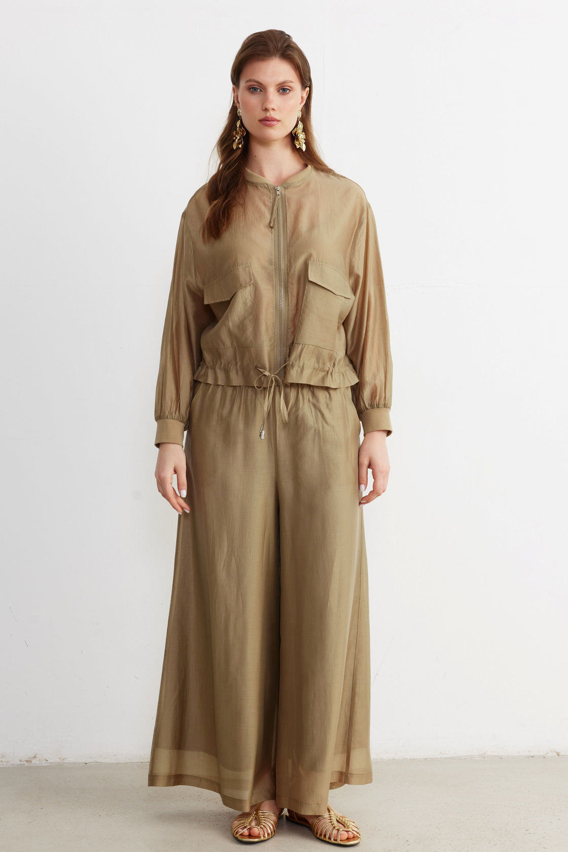 Drawstring Utility Jacket & Wide-Leg Trouser Set — Sand