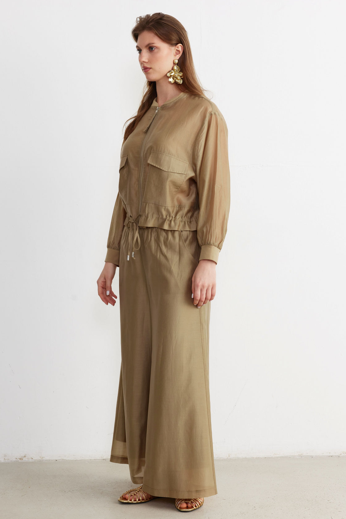 Drawstring Utility Jacket & Wide-Leg Trouser Set — Sand
