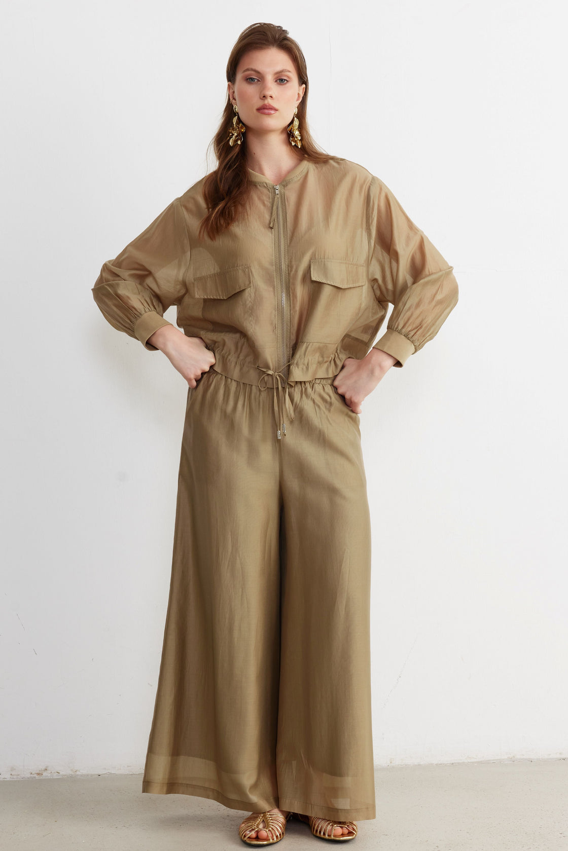 Drawstring Utility Jacket & Wide-Leg Trouser Set — Sand