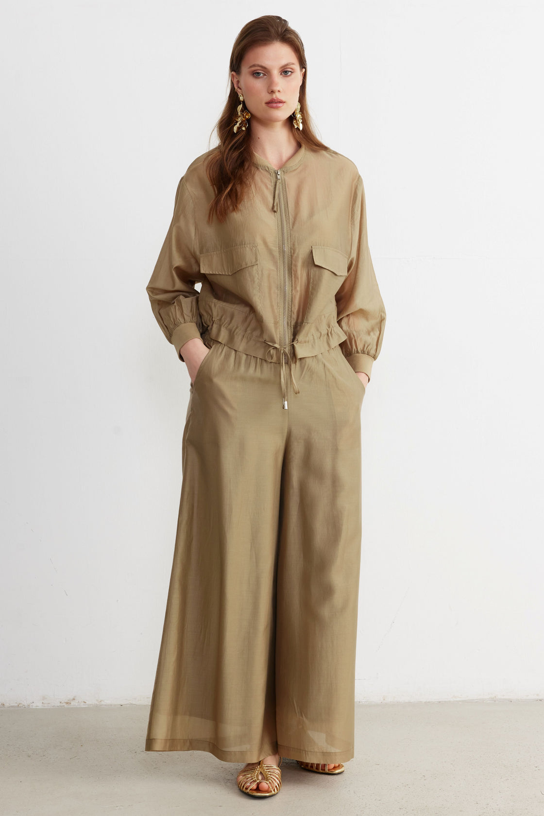 Drawstring Utility Jacket & Wide-Leg Trouser Set — Sand