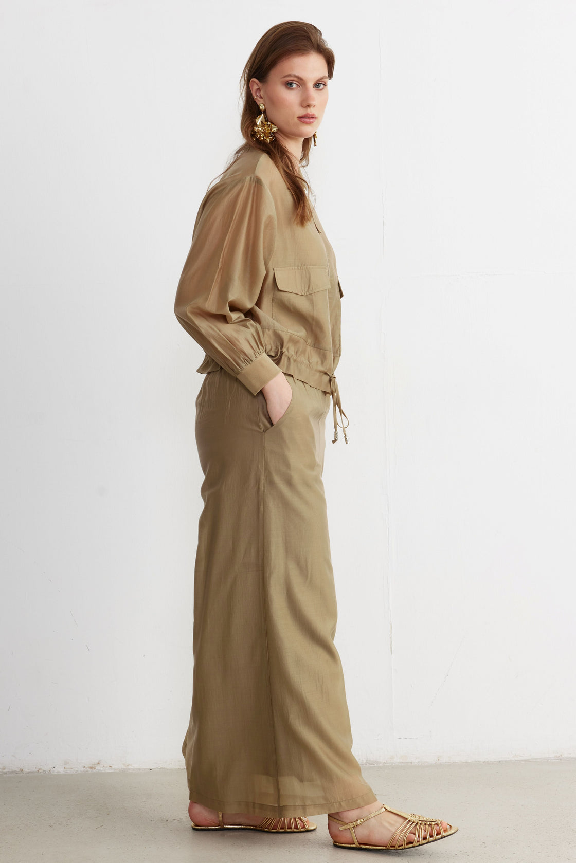 Drawstring Utility Jacket & Wide-Leg Trouser Set — Sand