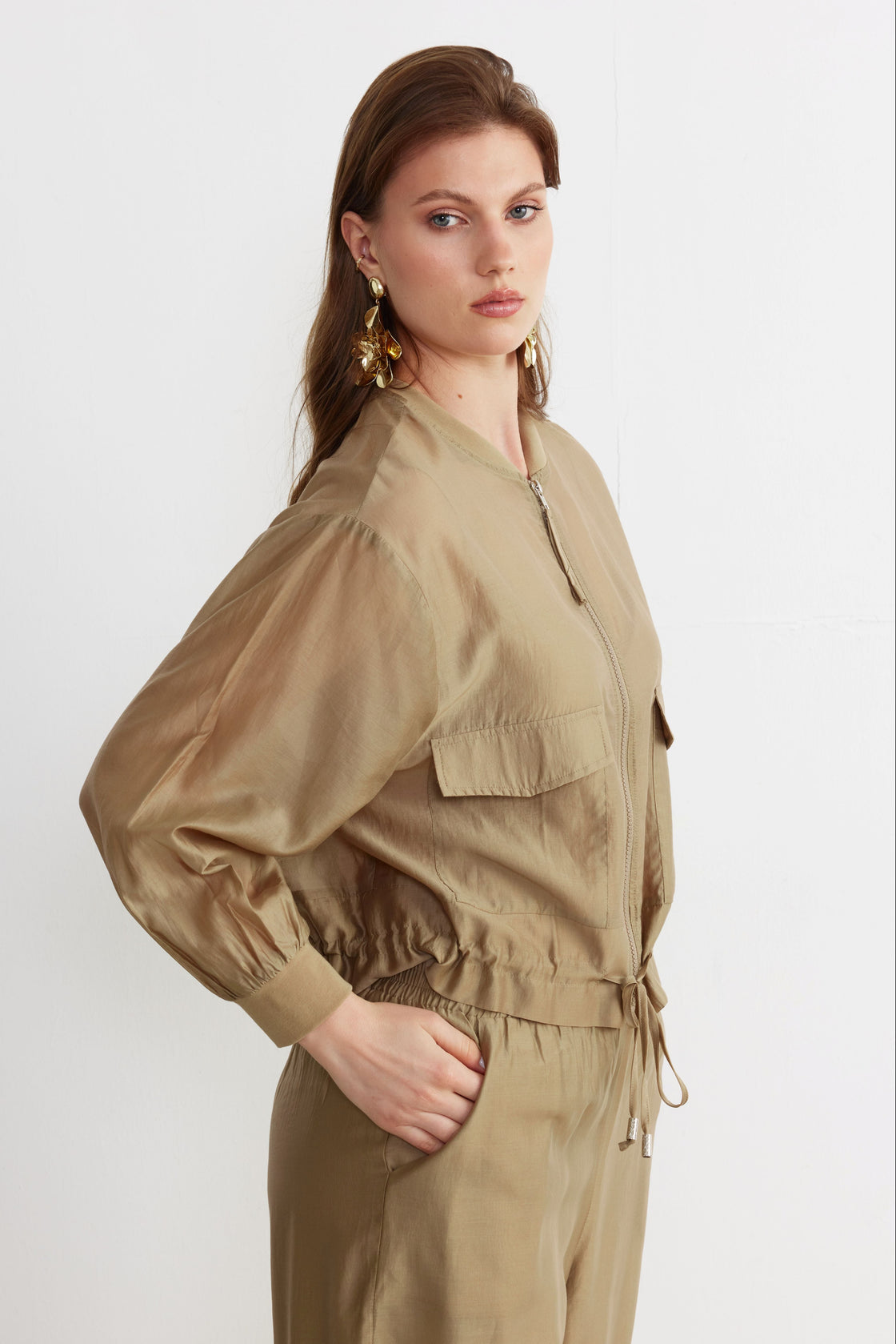 Drawstring Utility Jacket & Wide-Leg Trouser Set — Sand