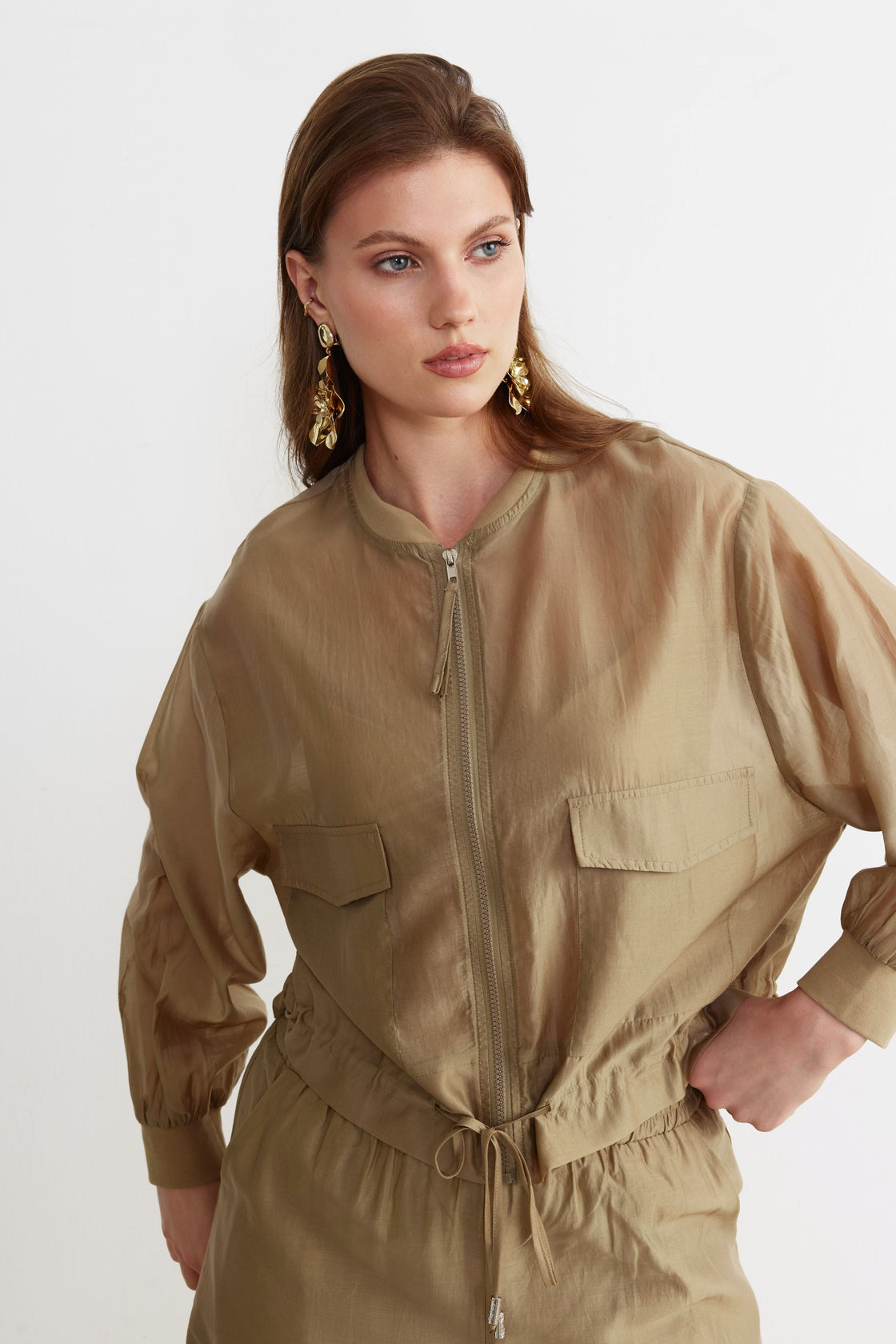 Drawstring Utility Jacket & Wide-Leg Trouser Set — Sand