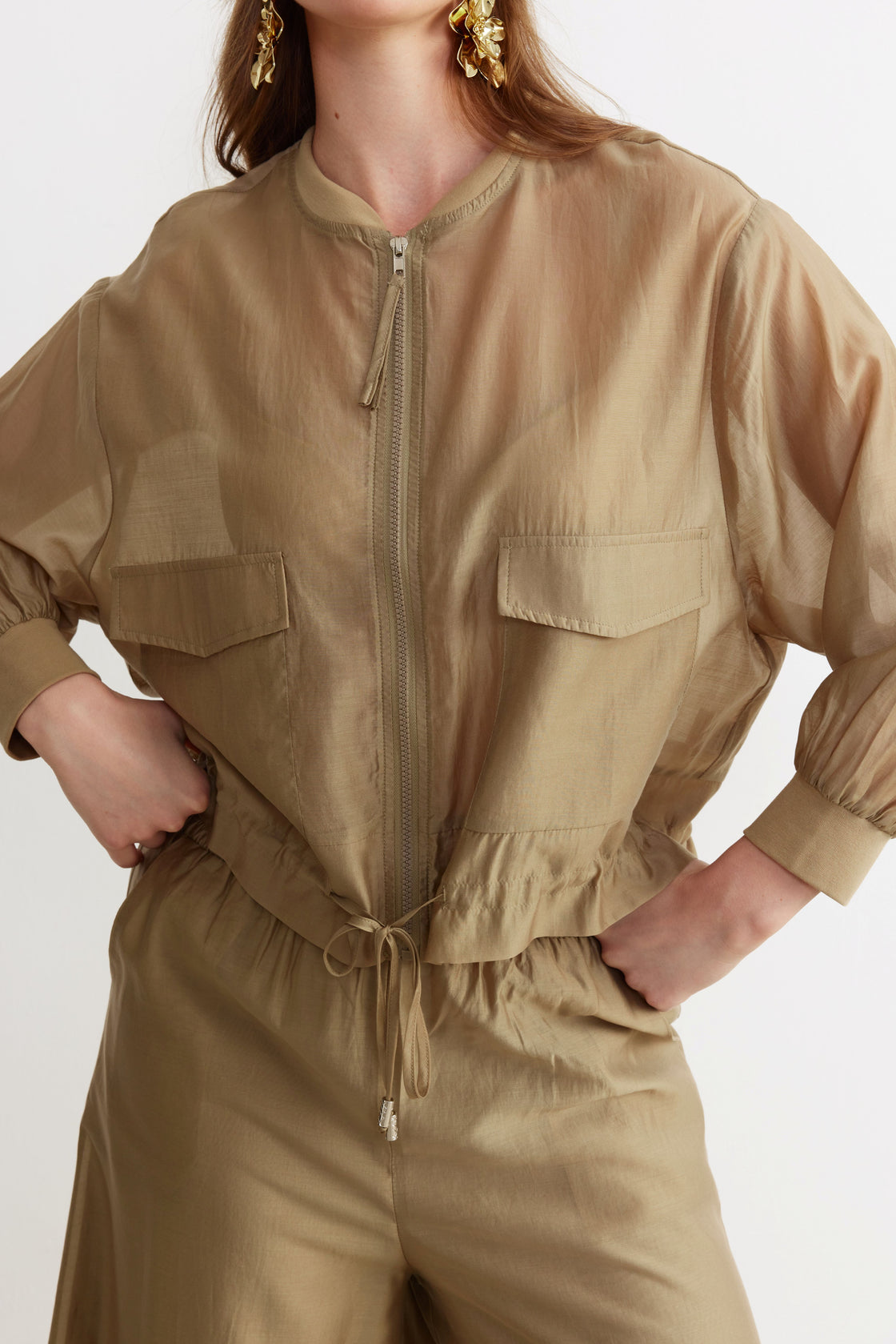 Drawstring Utility Jacket & Wide-Leg Trouser Set — Sand