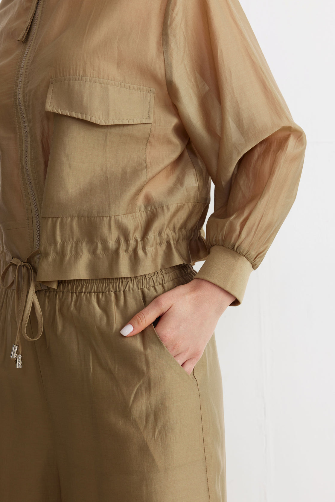 Drawstring Utility Jacket & Wide-Leg Trouser Set — Sand