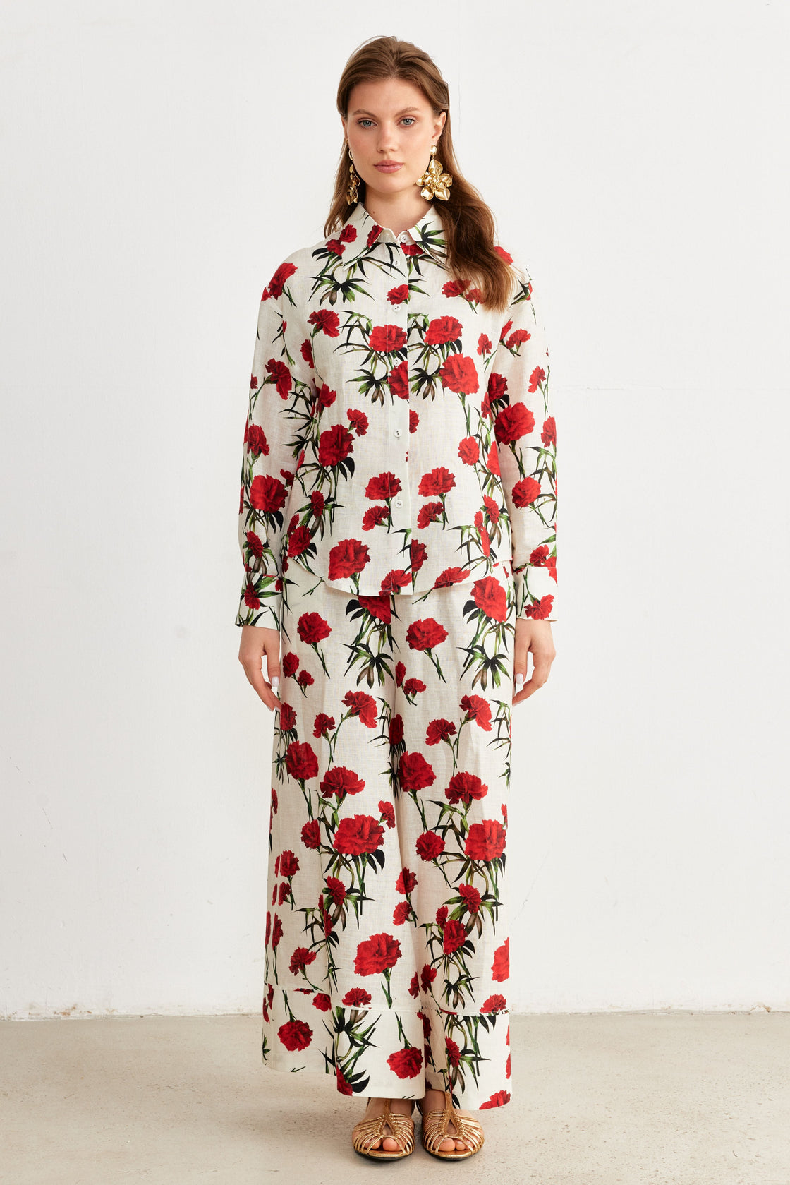 Carnation Print Shirt & Wide-Leg Trouser Set — Ivory/Red