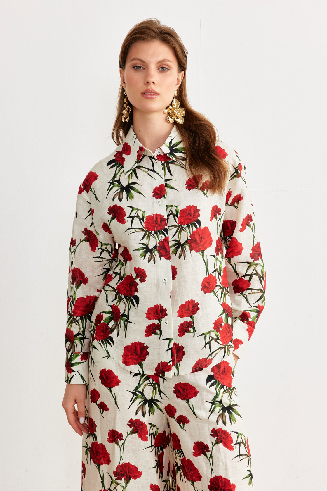Carnation Print Shirt & Wide-Leg Trouser Set — Ivory/Red